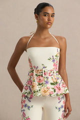 Maud | White Floral Border Print Square-Neck Tailored Top