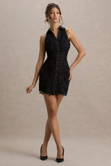 Bronwyn | Black Lace Plunge-Neck Buttoned Mini Dress