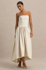 Candice | Cream Bandeau Volume Midi Dress With Back Bow Detail
