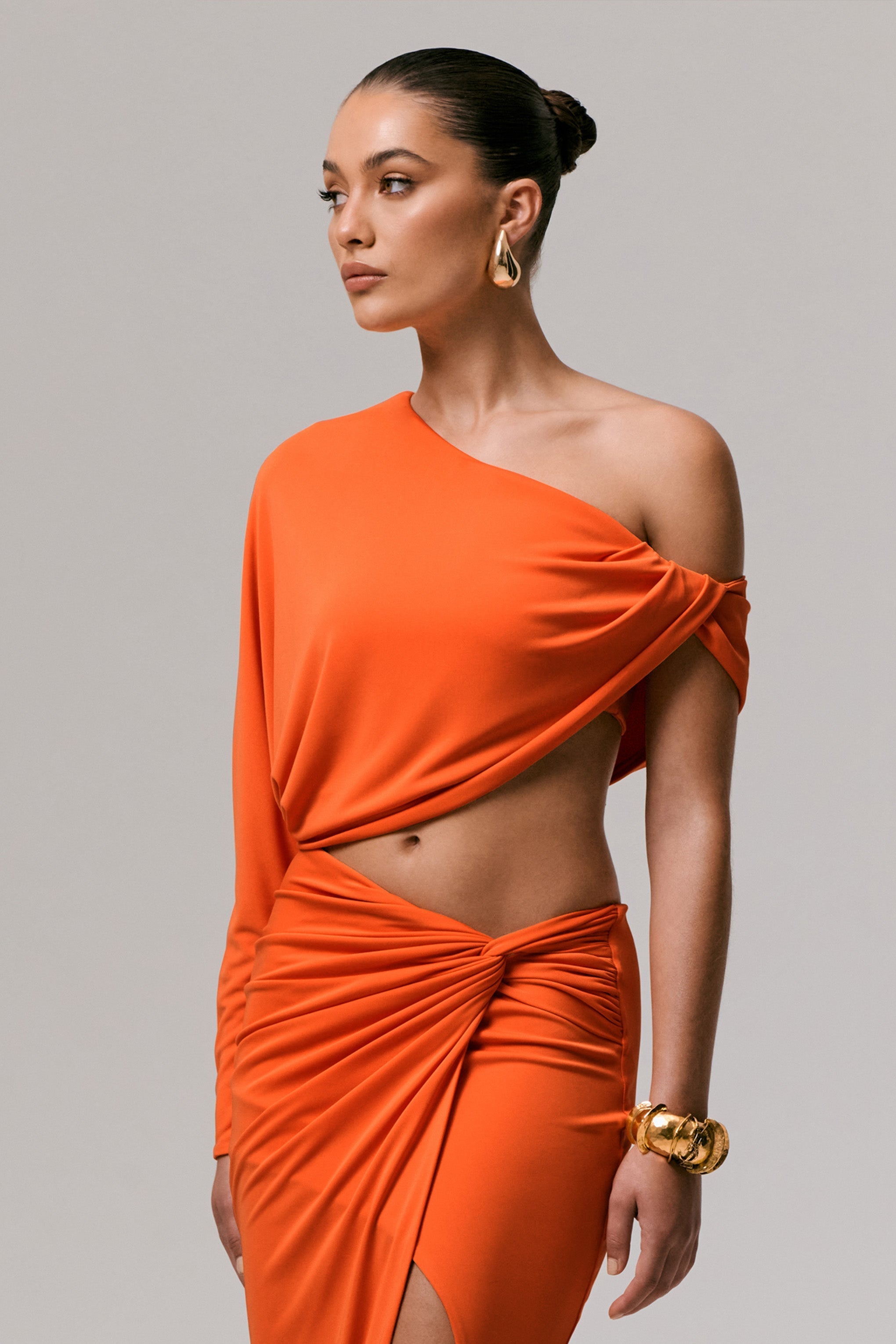 Dua | Orange Asymmetric One-Sleeve Draped Top
