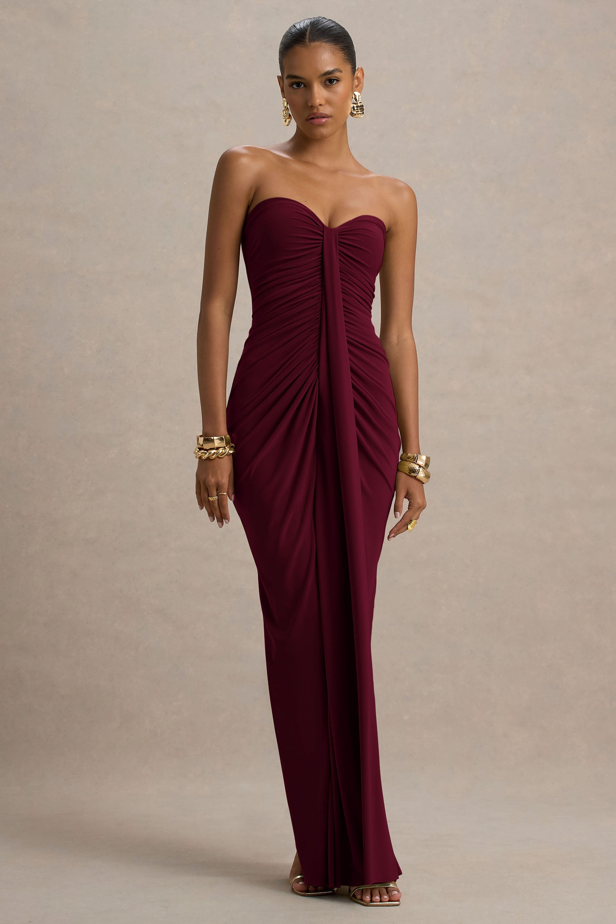 Ali | Burgundy Sweetheart Ruched Wrap Maxi Dress