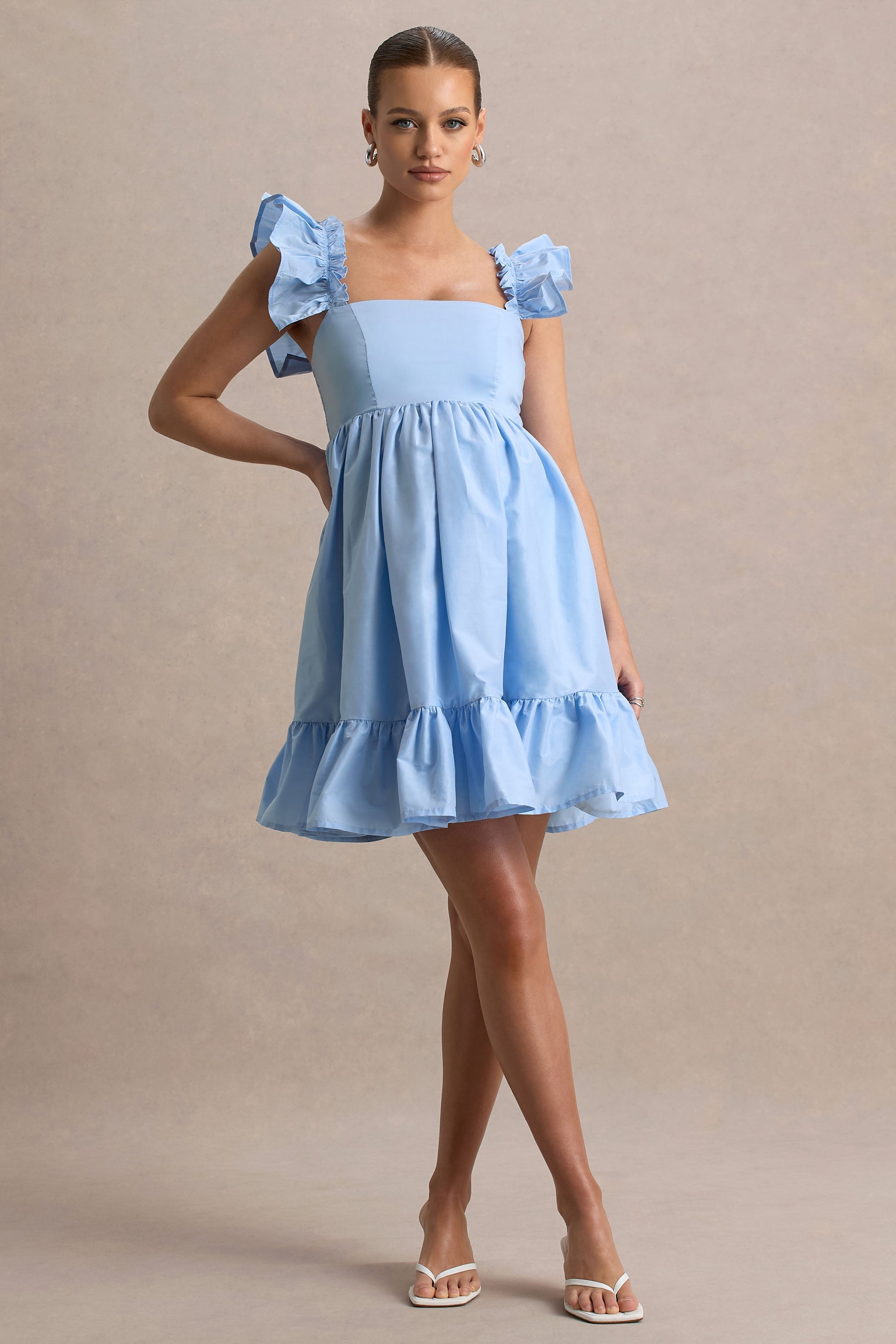 Dolly Daze | Powder Blue Ruffle Sleeve Babydoll Maternity Mini Dress