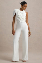 Opulence | White Jumpsuit With Cape Sleeve and Draped Details