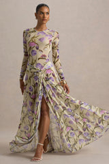 Koami | Yellow Floral Sheer Mesh Long-Sleeve Ruched Maxi Dress With High Split