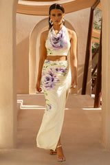 Stassi | Lilac Floral Placement Print Ruched Split Maxi Skirt