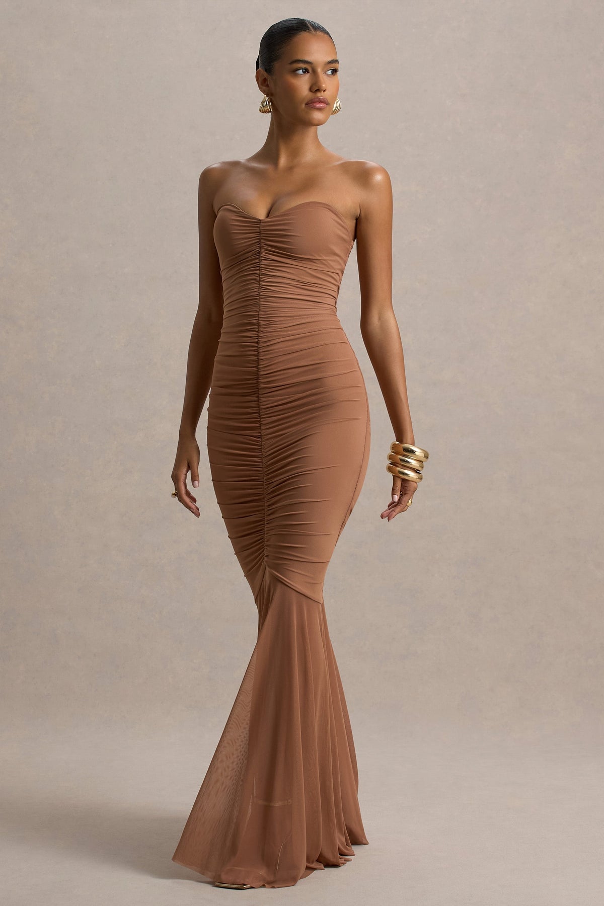 Talisa | Mocha Ruched Fishtail Maxi Dress With Mesh Hem