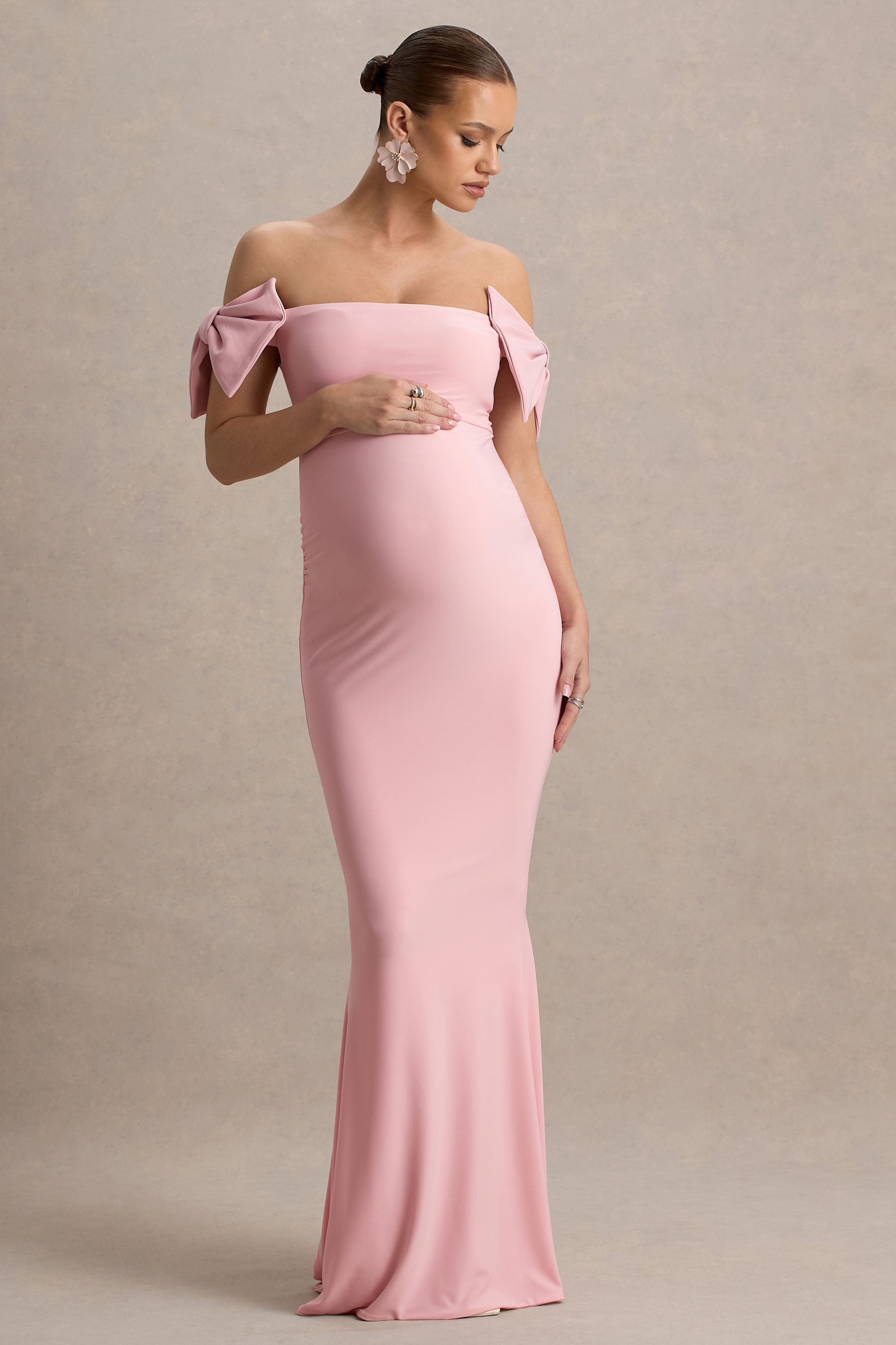 Didi | Pink Bardot Bow Detail Maternity Maxi Dress