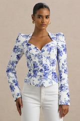 Olympia | Blue Floral Print Sweetheart-Neck Tailored Top