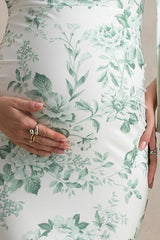 Aliana | Green Porcelain Print Asymmetric Maternity Maxi Dress With Ruched Detailing