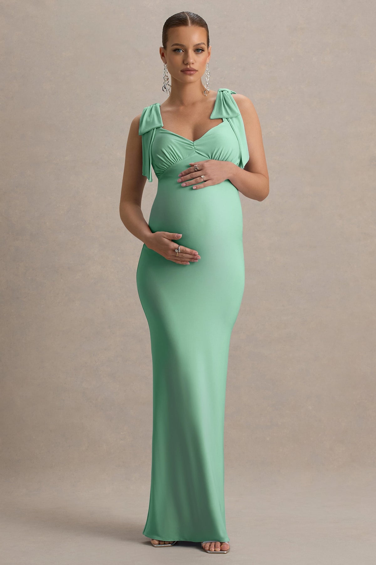 Sheen | Light Green Sweetheart Bow Strap Maternity Maxi Dress