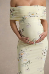 Cindy | Lemon Floral Bouquet Print Bardor-Neck Maternity Maxi Dress With Ruched Detail
