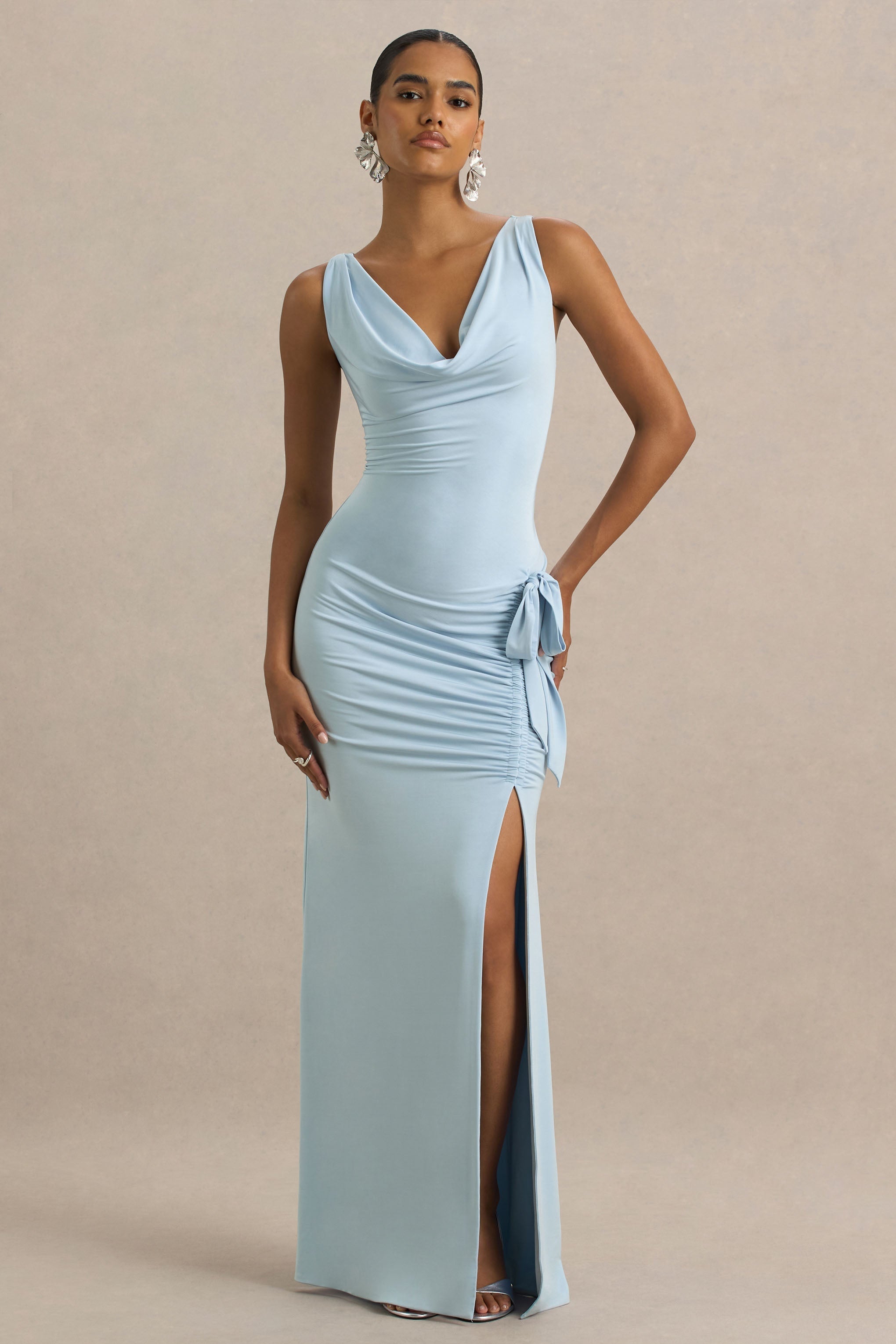 Pure Affection | Powder Blue Cowl-Neck Maxi Dress With Ruched Detailing And Front High Split