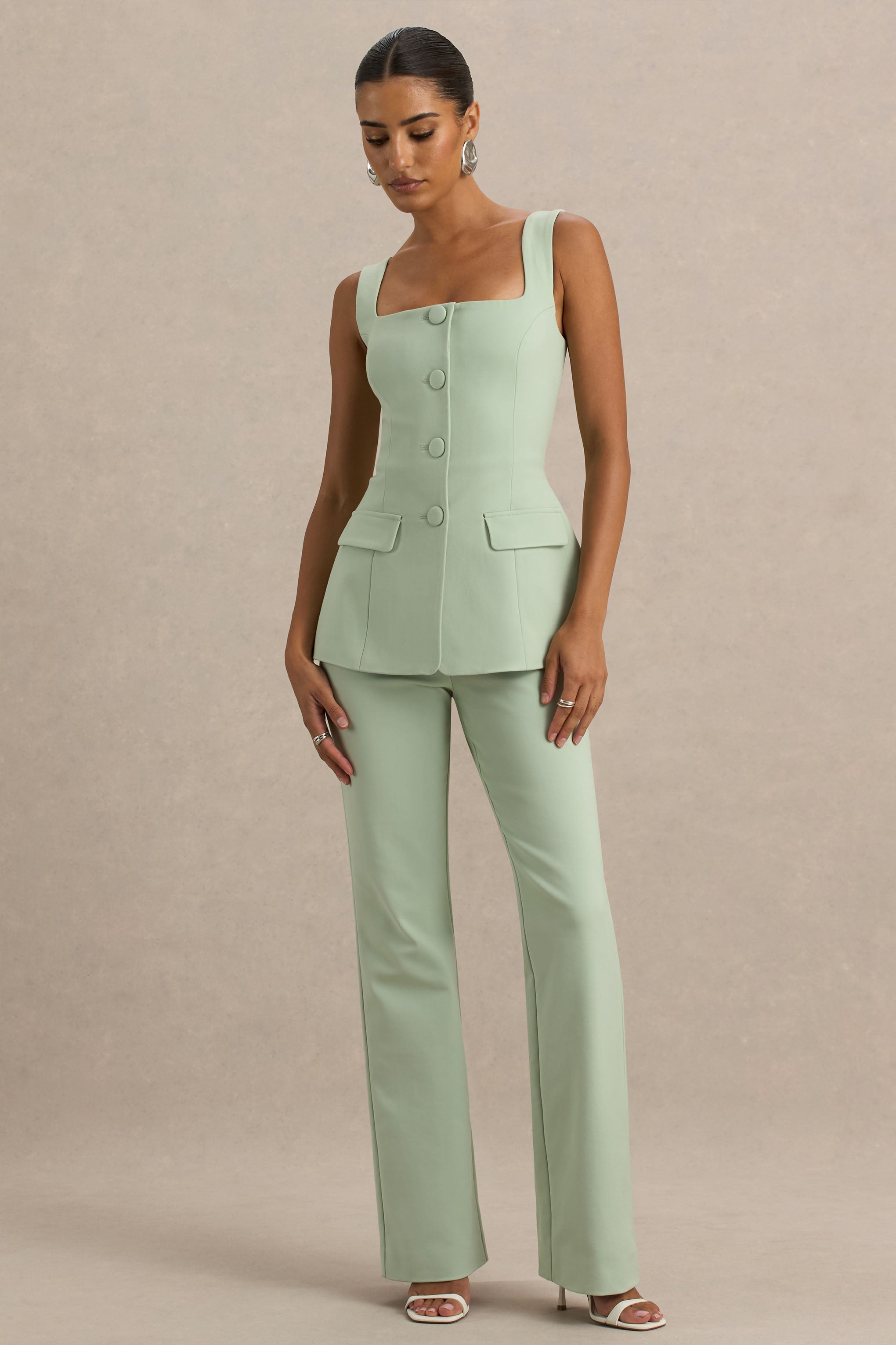Aceline | Light Green Square-Neck Tailored Jumpsuit
