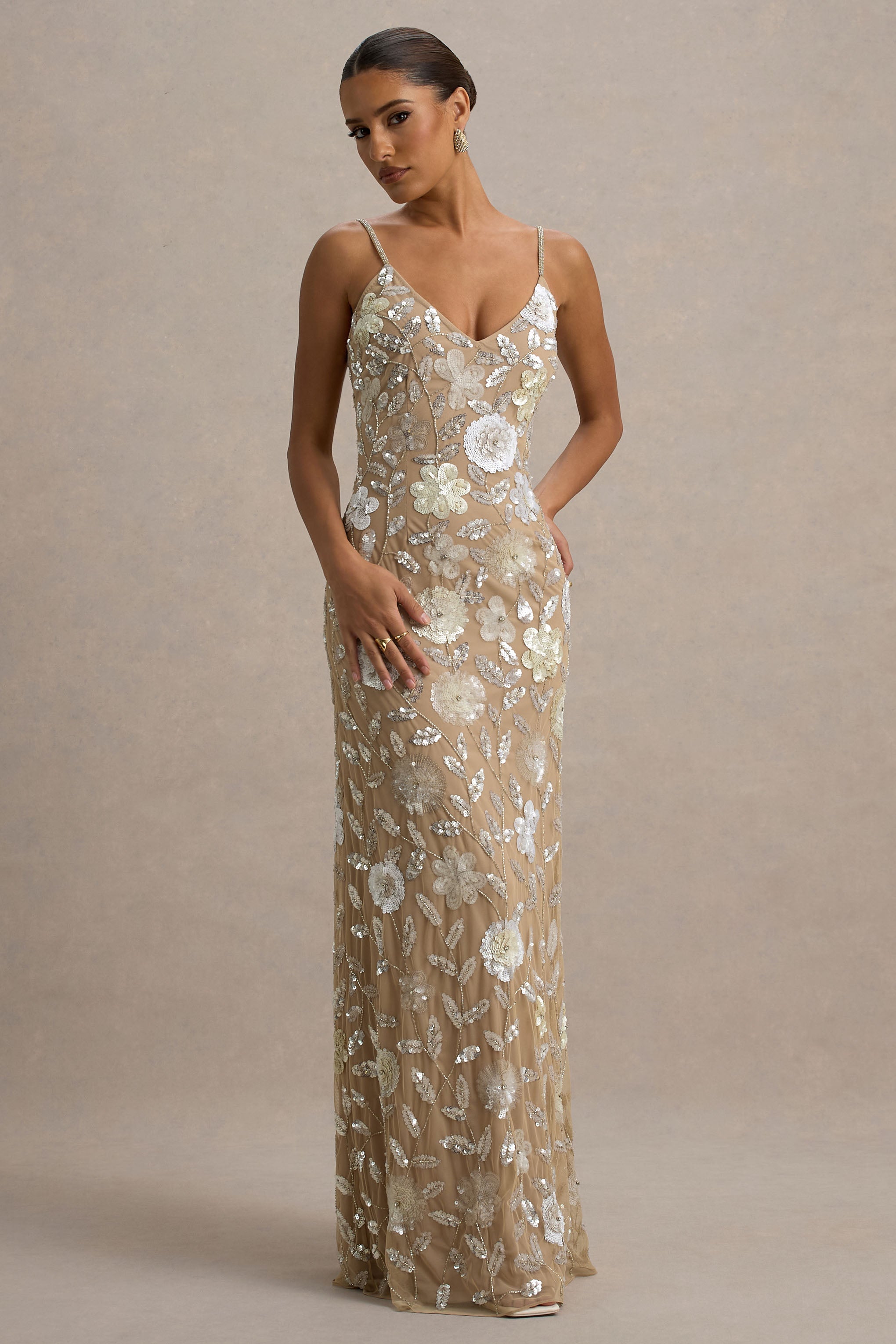 Gemini | Floral Sequin Embellished Strappy Maxi Dress