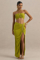 Coastline | Green Ruched Maxi Skirt With Split