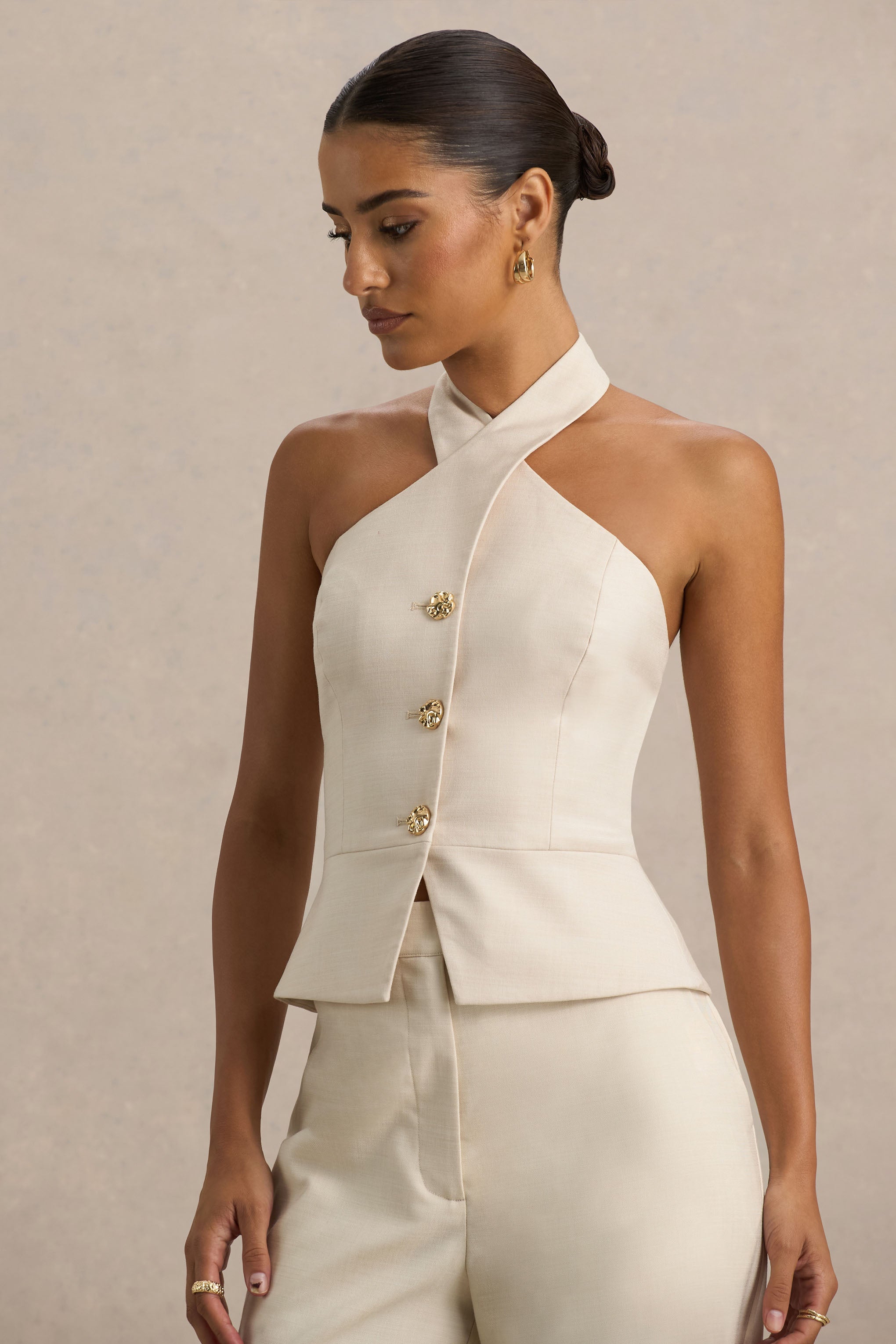 Cadence | Nude Halter-Neck Tailored Top