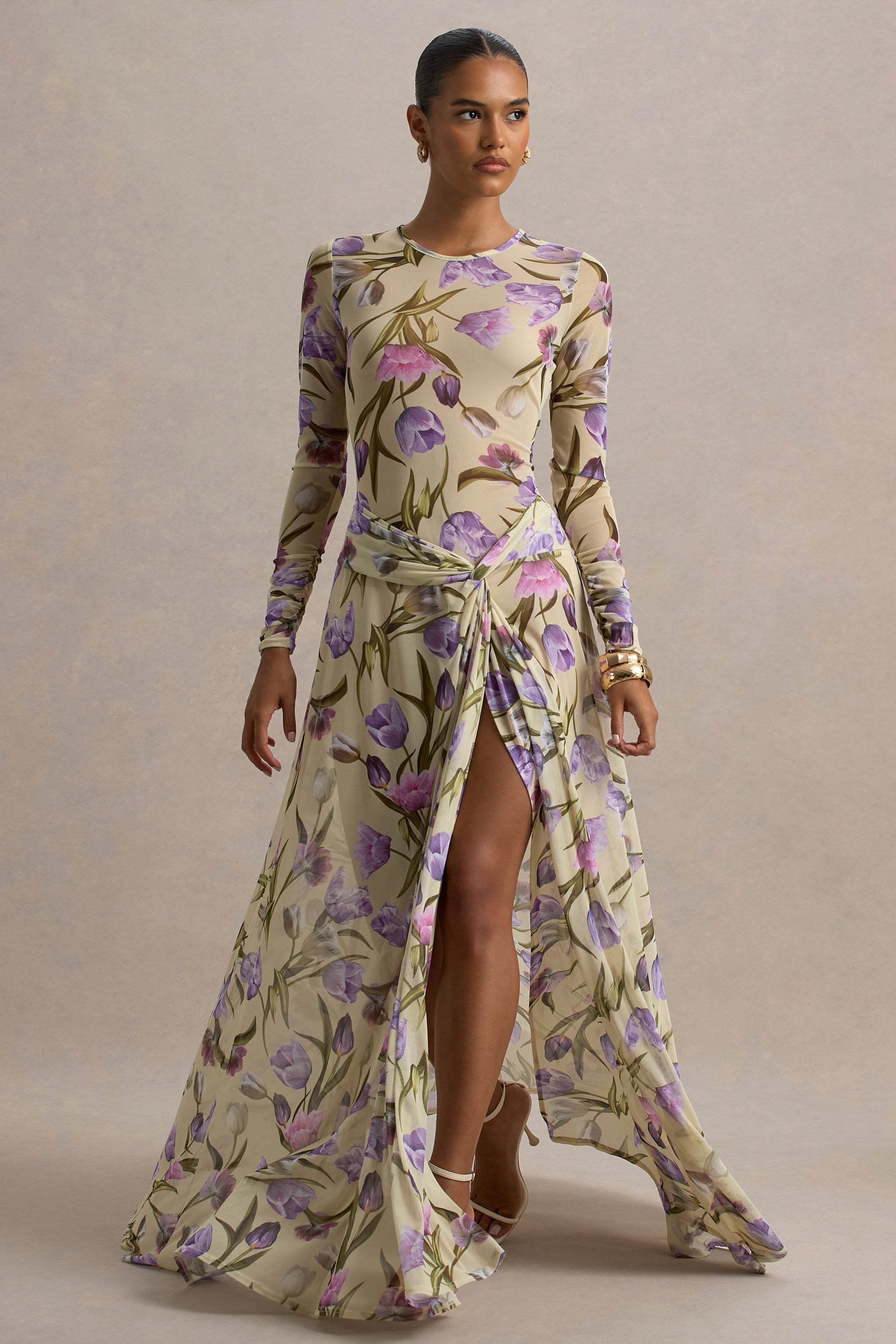 Koami | Yellow Floral Sheer Mesh Long-Sleeve Ruched Maxi Dress With High Split