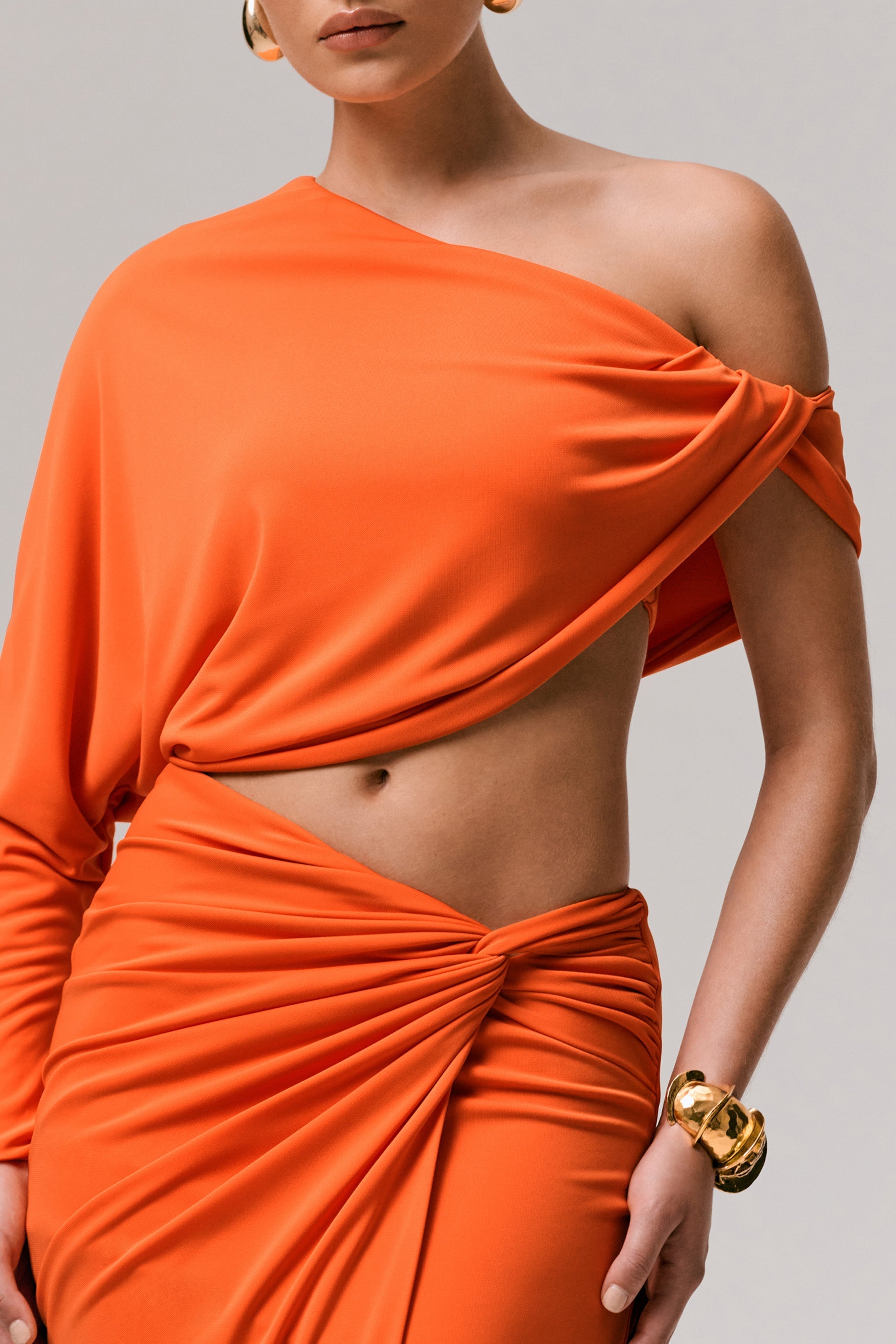 Dua | Orange Asymmetric One-Sleeve Draped Top