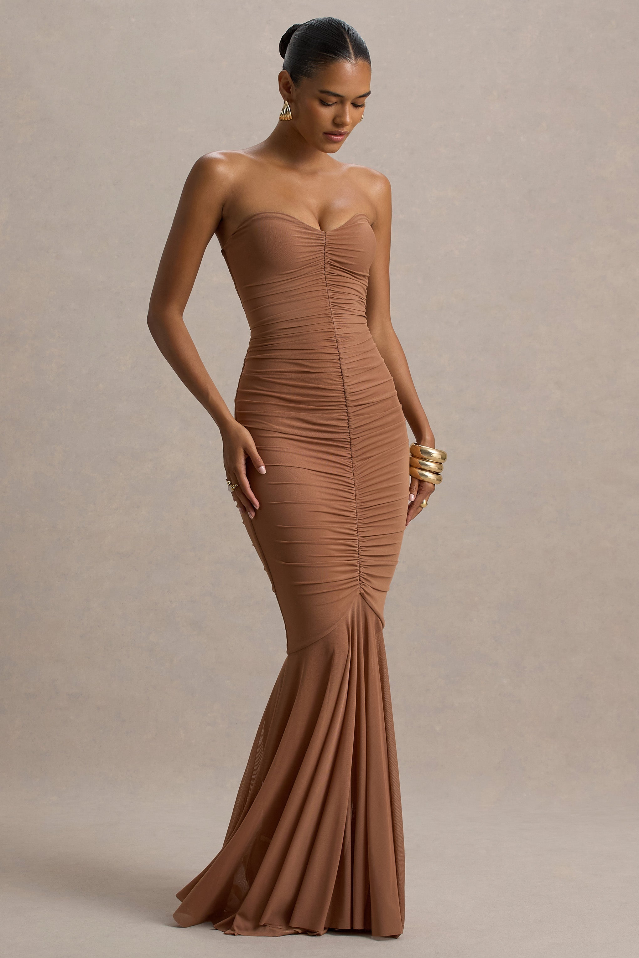 Talisa | Mocha Ruched Fishtail Maxi Dress With Mesh Hem