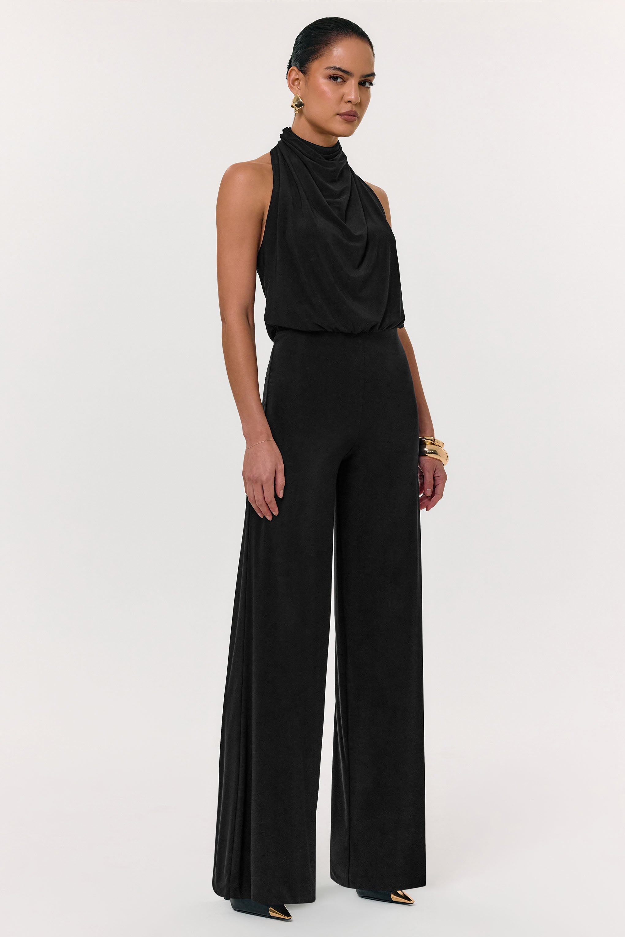 Asha | Black High-Neck Jumpsuit With Ruched Detail
