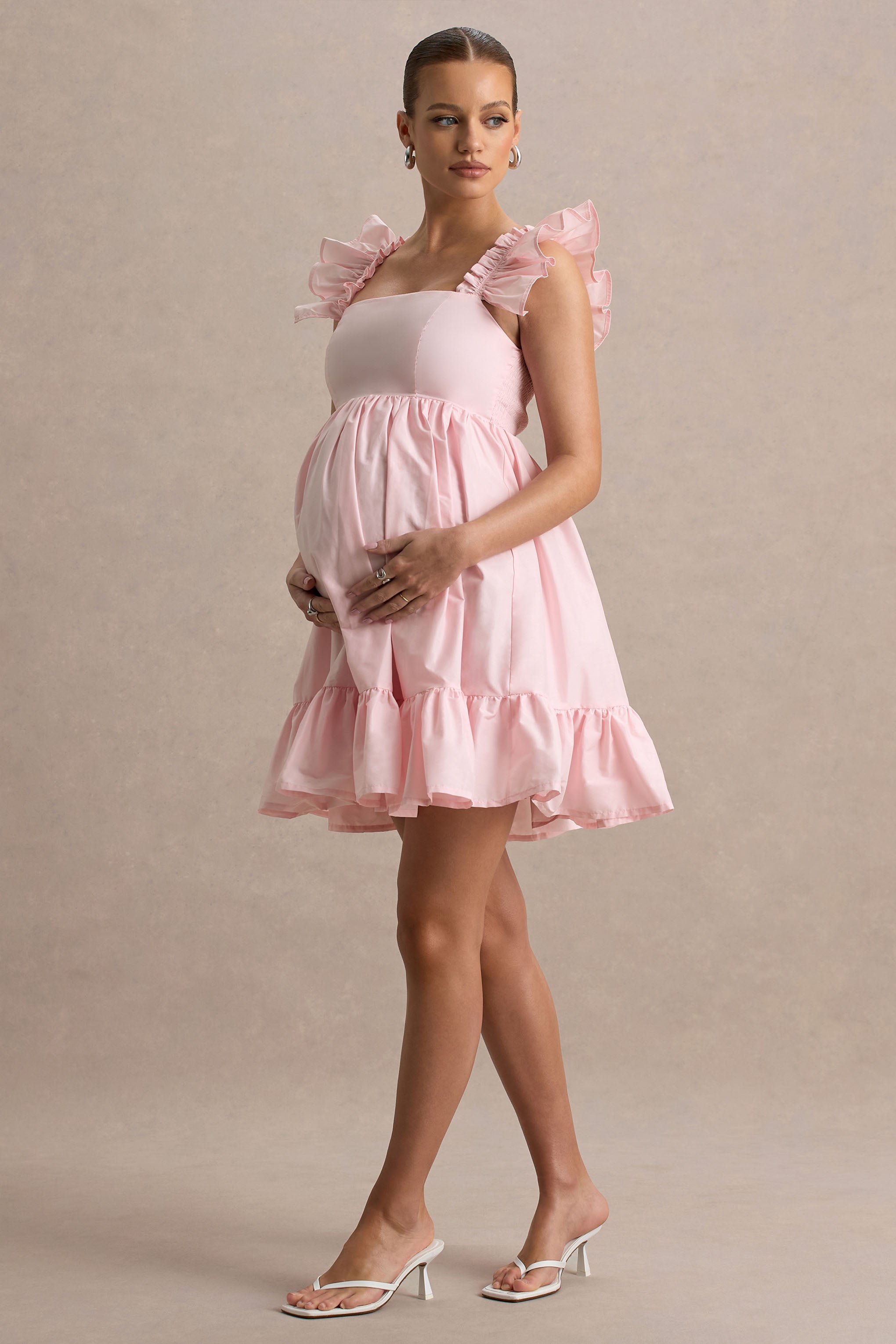 Dolly Daze | Blush Ruffle Sleeve Babydoll Maternity Mini Dress