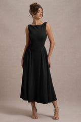 Muriel | Black Boat-Neck Volume-Hem Midi Dress