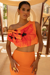Lia | Orange And Red Placement Floral Print Asymmetric Crop-Top