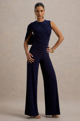 Opulence | Navy Jumpsuit With Cape Sleeve and Draped Details
