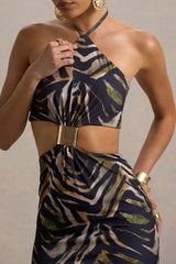 Olina | Zebra Print Halter-Neck Cut-Out Maxi Dress
