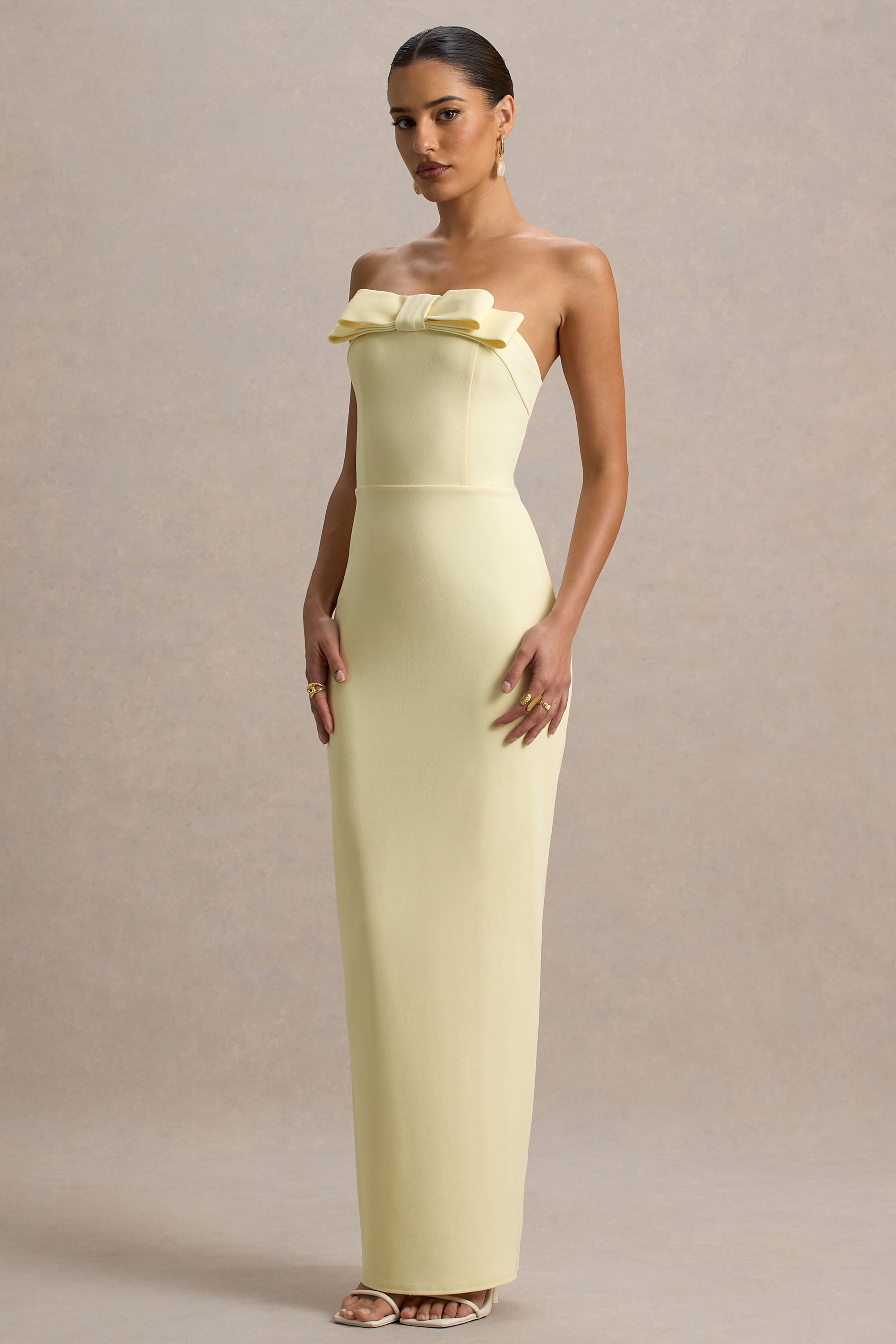Hallie | Lemon Bandeau Maxi Dress With Bow Detail