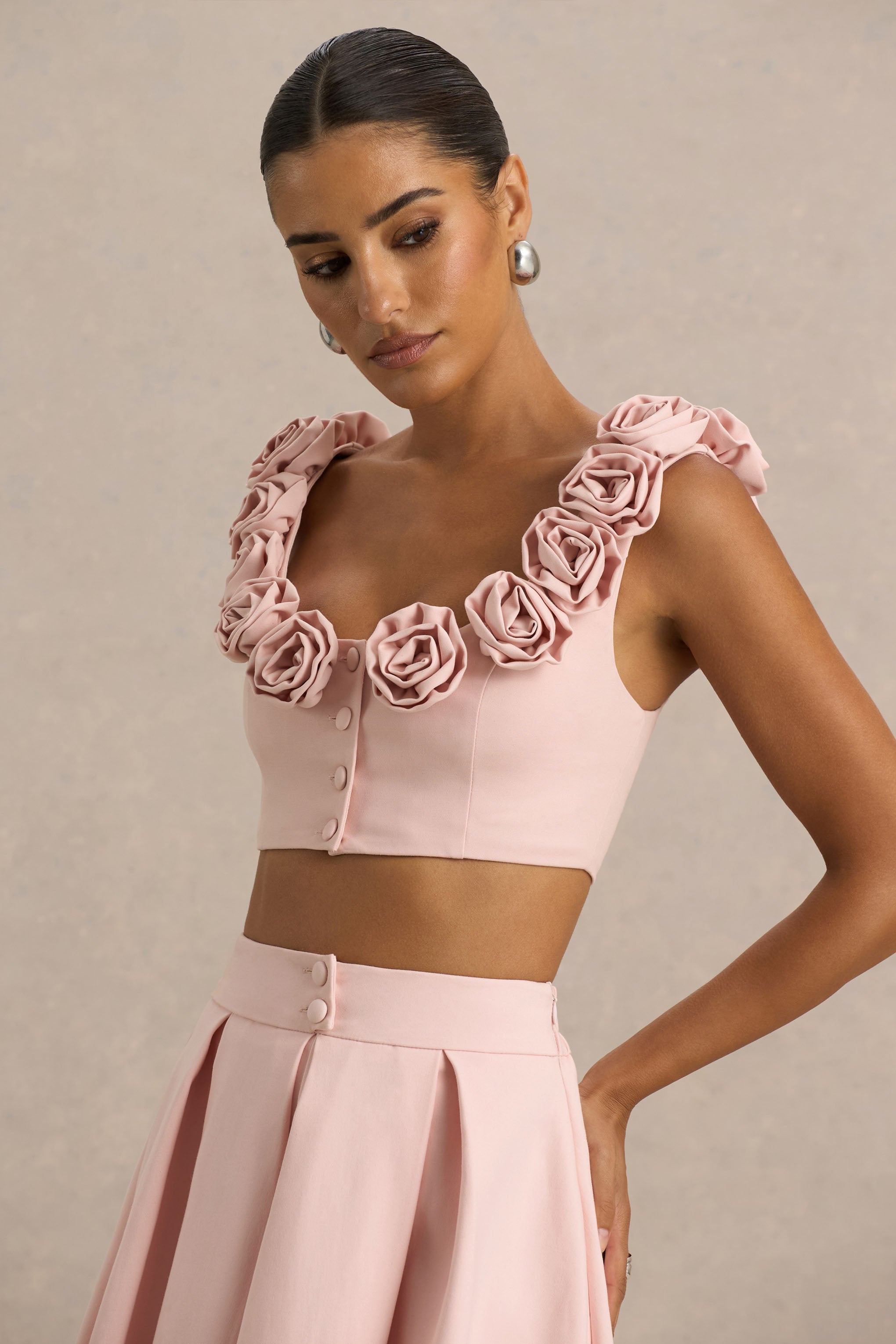 Blade | Baby Pink Scoop-Neck Crop Top With Corsage Details