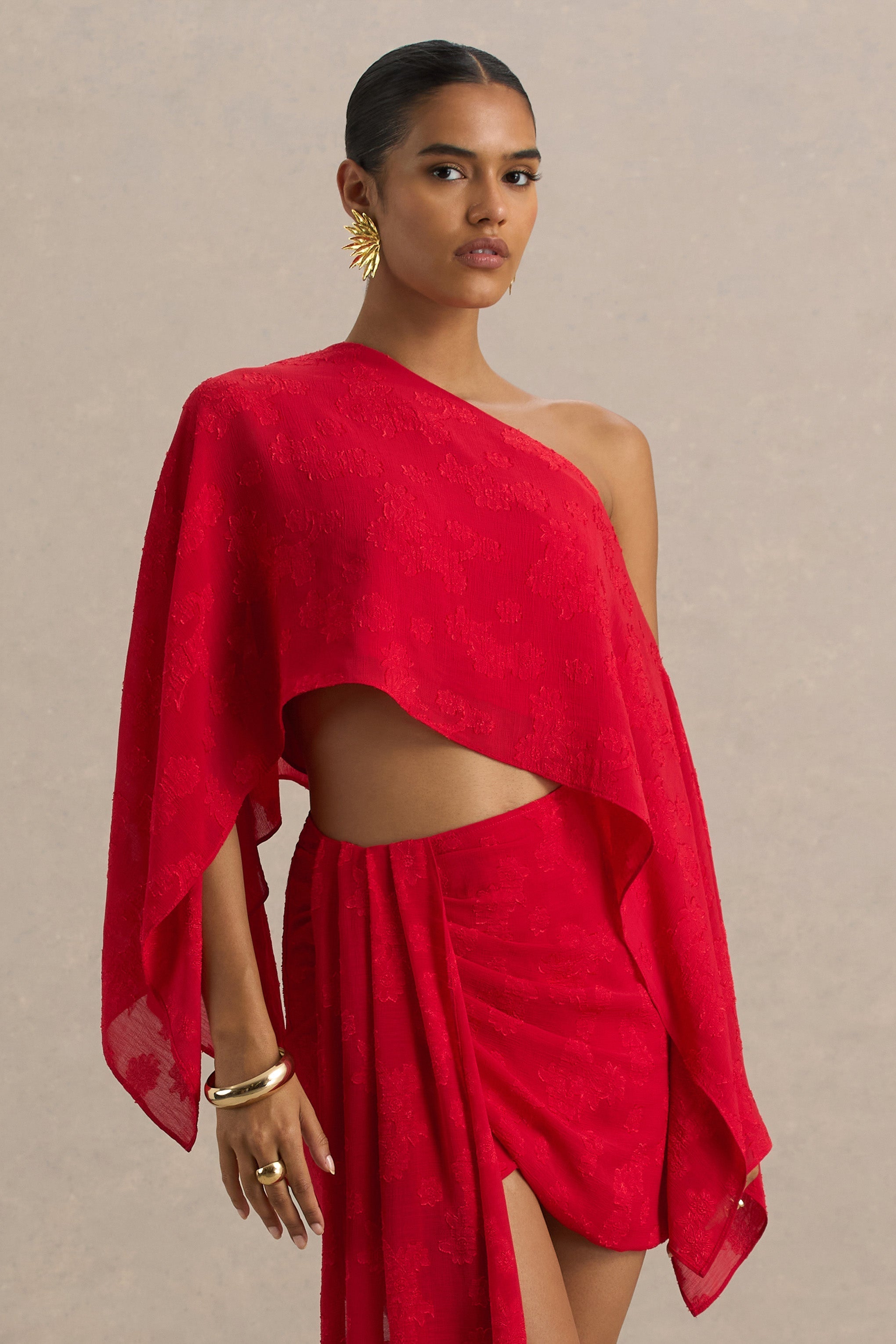 Aruba | Red Satin Devore Asymmetric Long-Sleeve Crop Top