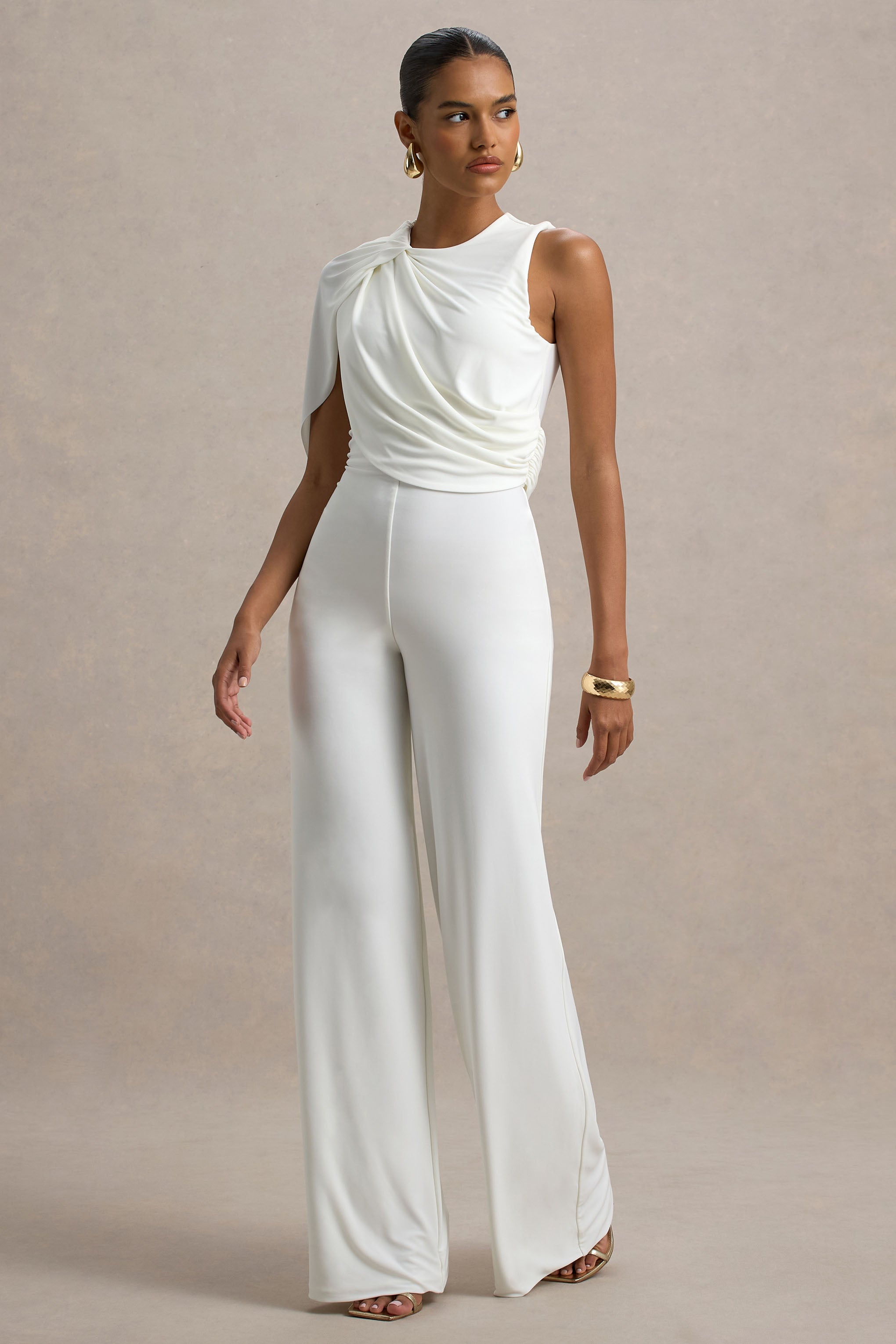 Opulence | White Jumpsuit With Cape Sleeve and Draped Details