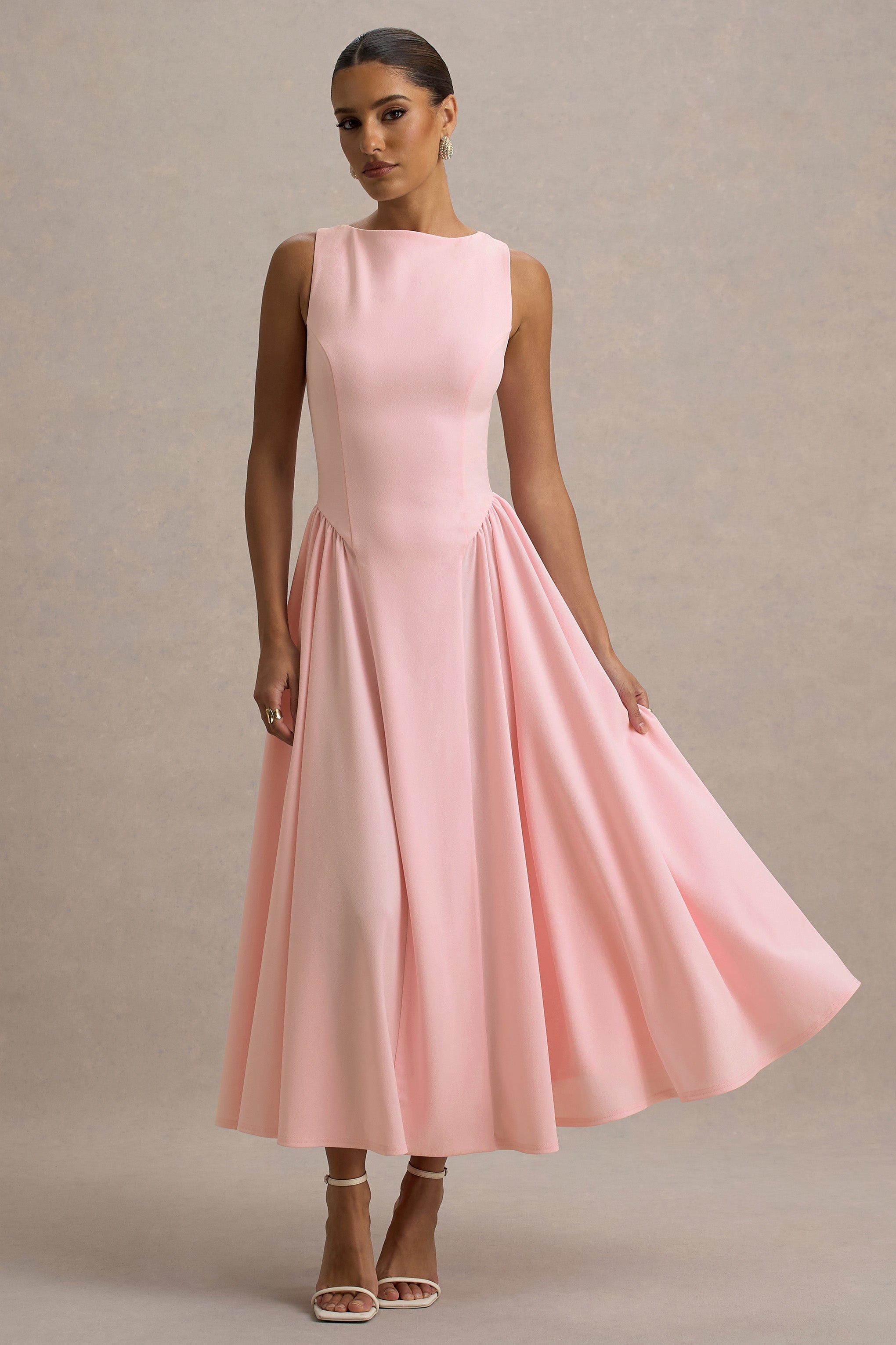 Muriel | Pink Boat-Neck Volume-Hem Midi Dress