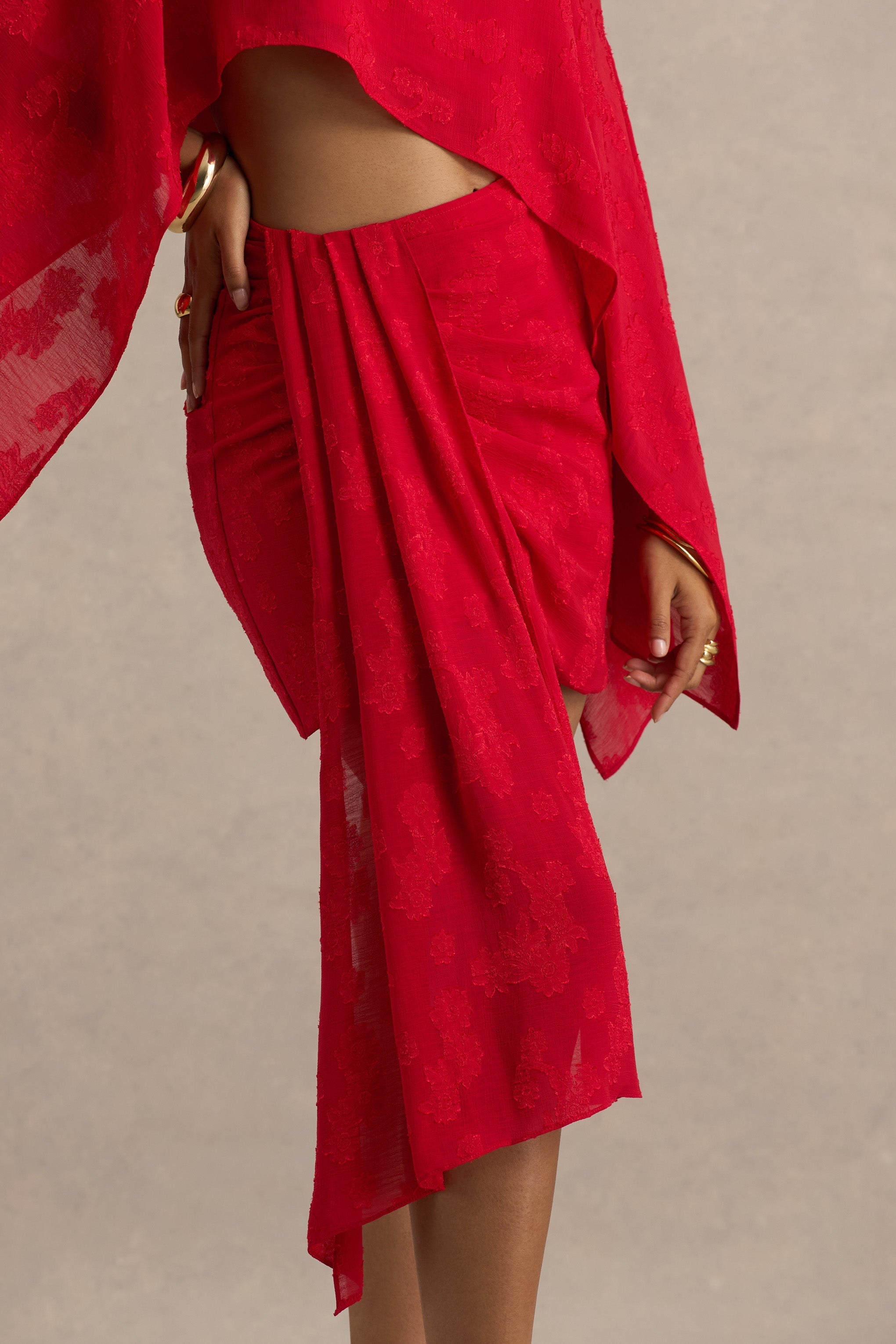 Melania | Red Satin Devore Wrap Mini Skirt With Sash Detail