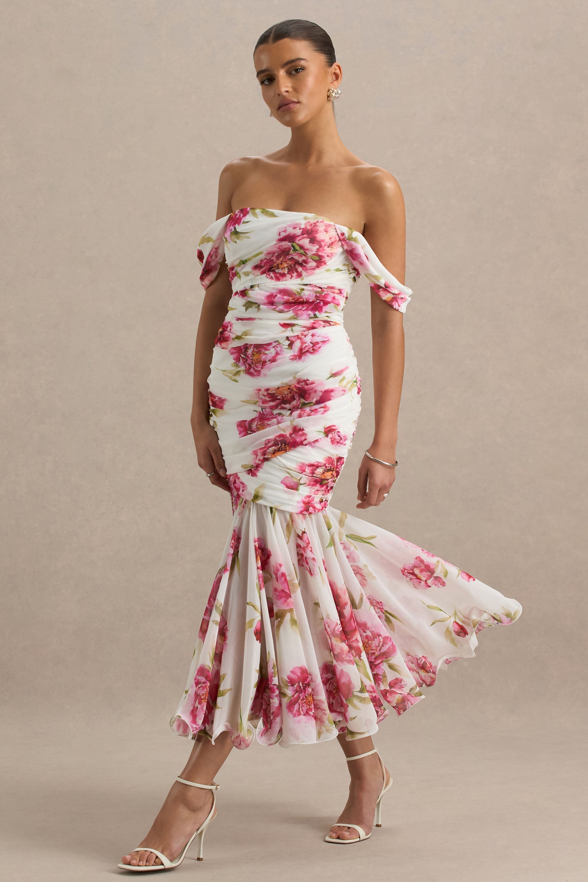 Madelyn | Cream Floral Print Short-Sleeve Bardot Wrap Maxi Dress With Ruching