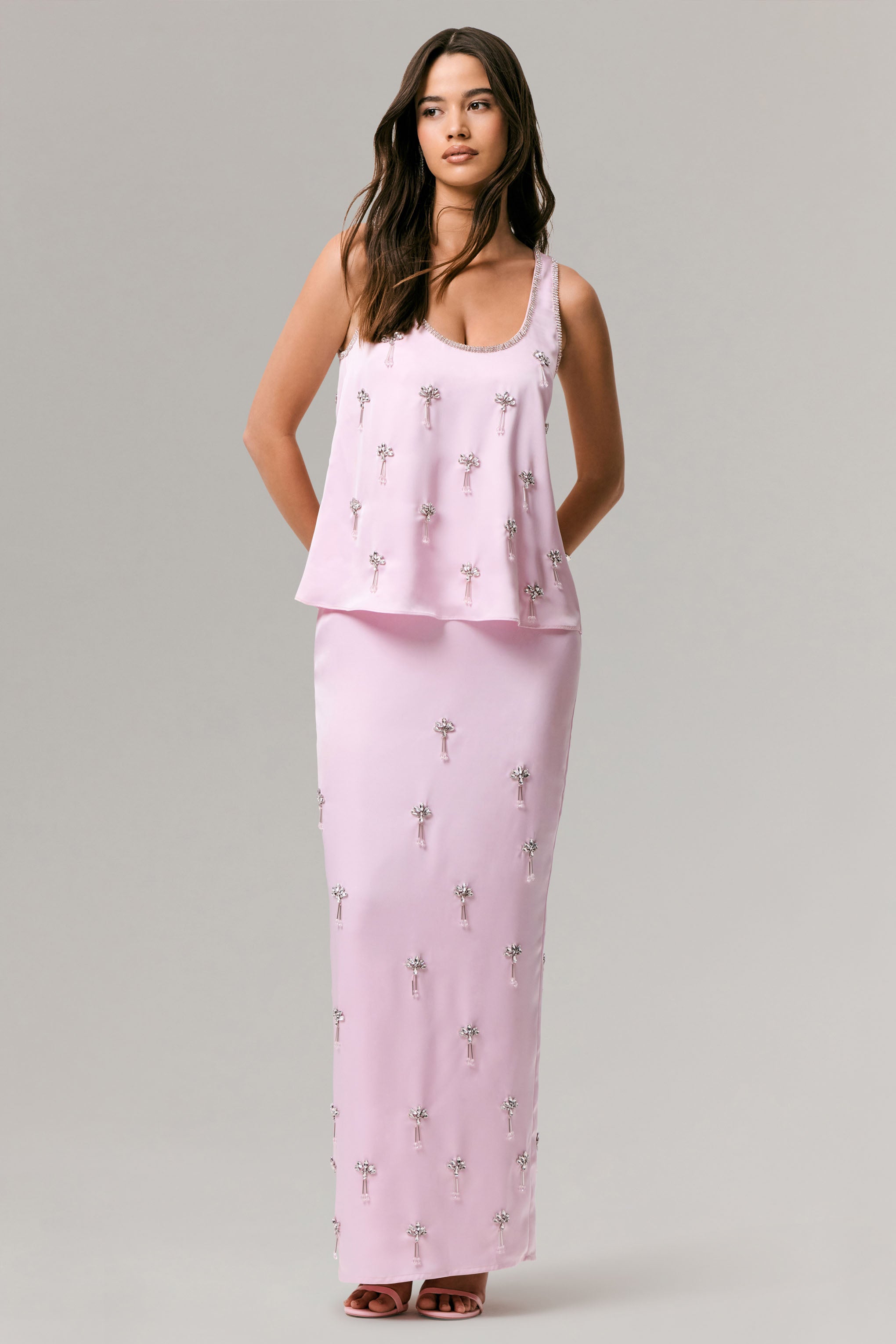 Lena | Pink Satin Embellished Maxi Skirt