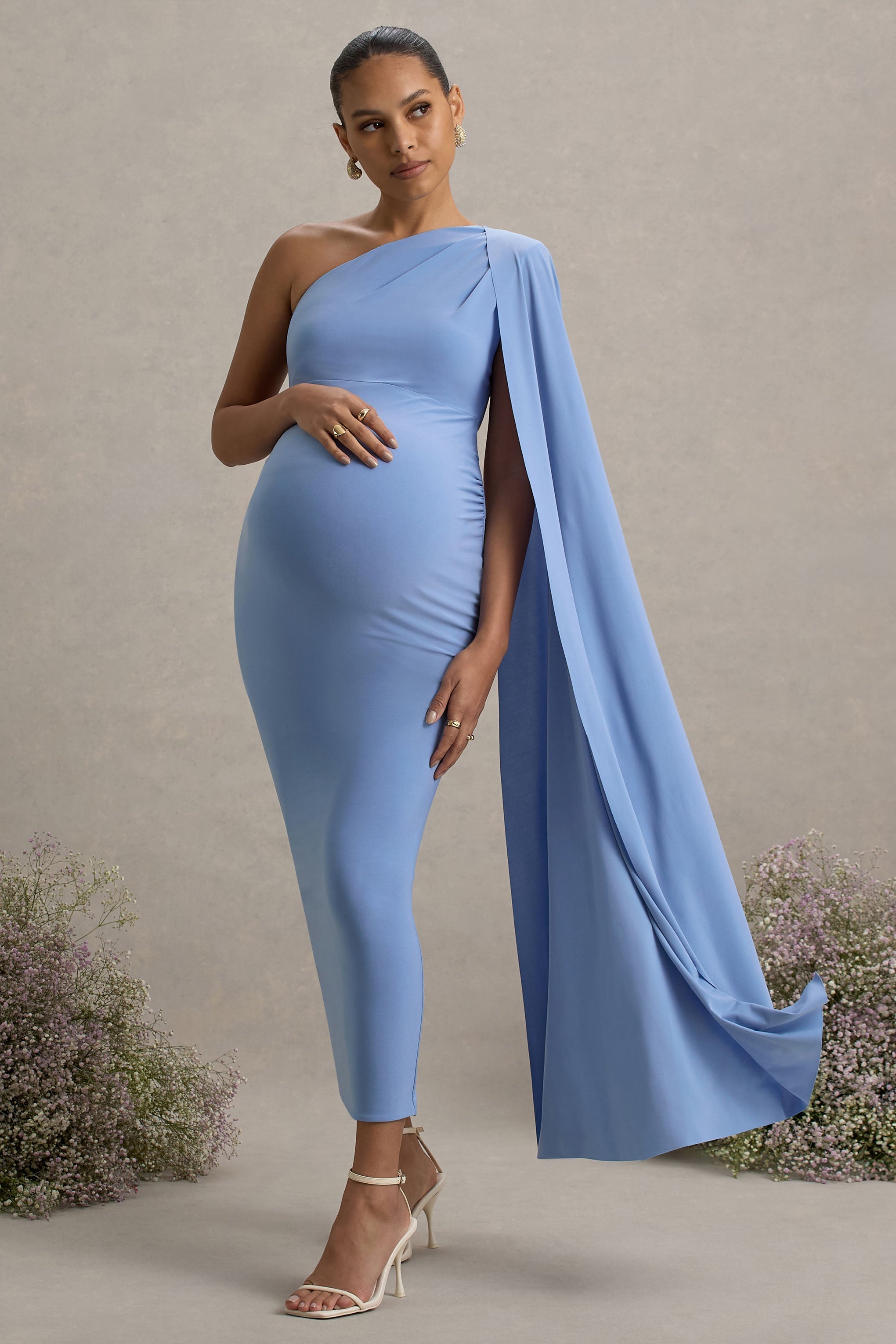 Amaryllis | Powder Blue Maternity One Shoulder Maxi Dress with Cape Sleeve
