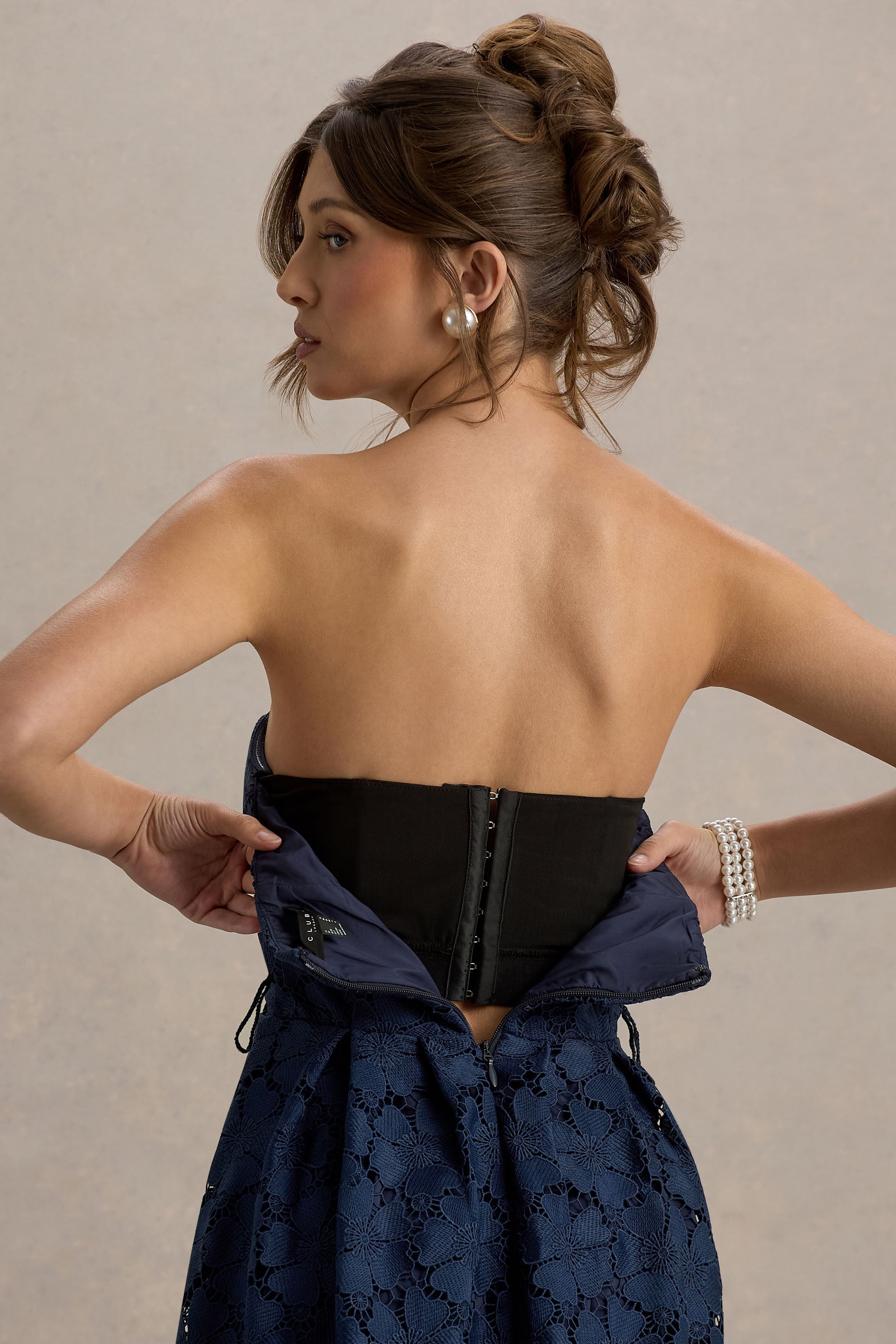 Shania | Navy Lace Bandeau Skater Midi Dress