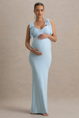 Sheen | Powder Blue Sweetheart Bow Strap Maternity Midi Dress