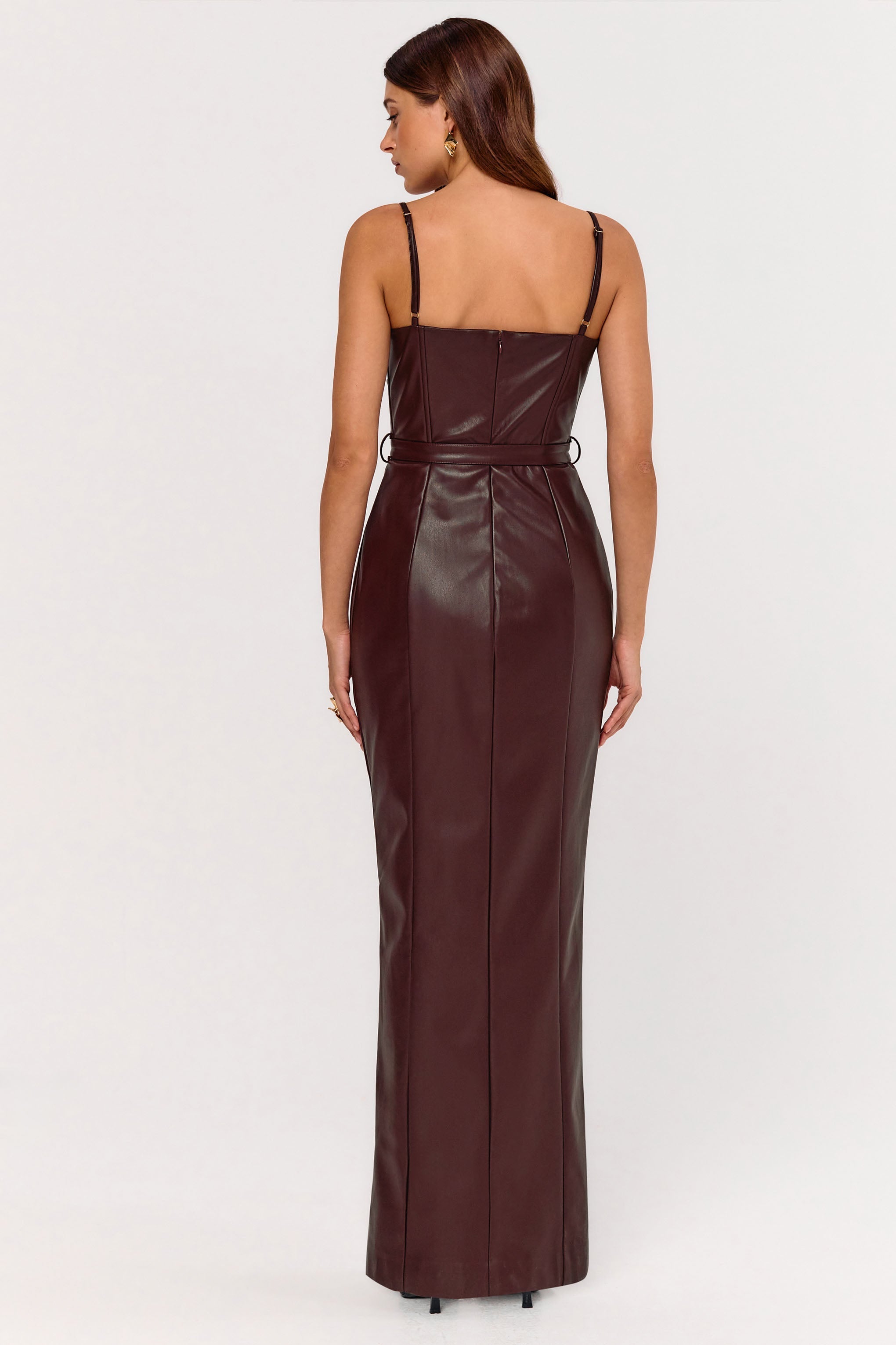 Lila | Burgundy Faux Leather Plunge-Neck Maxi Dress With Split