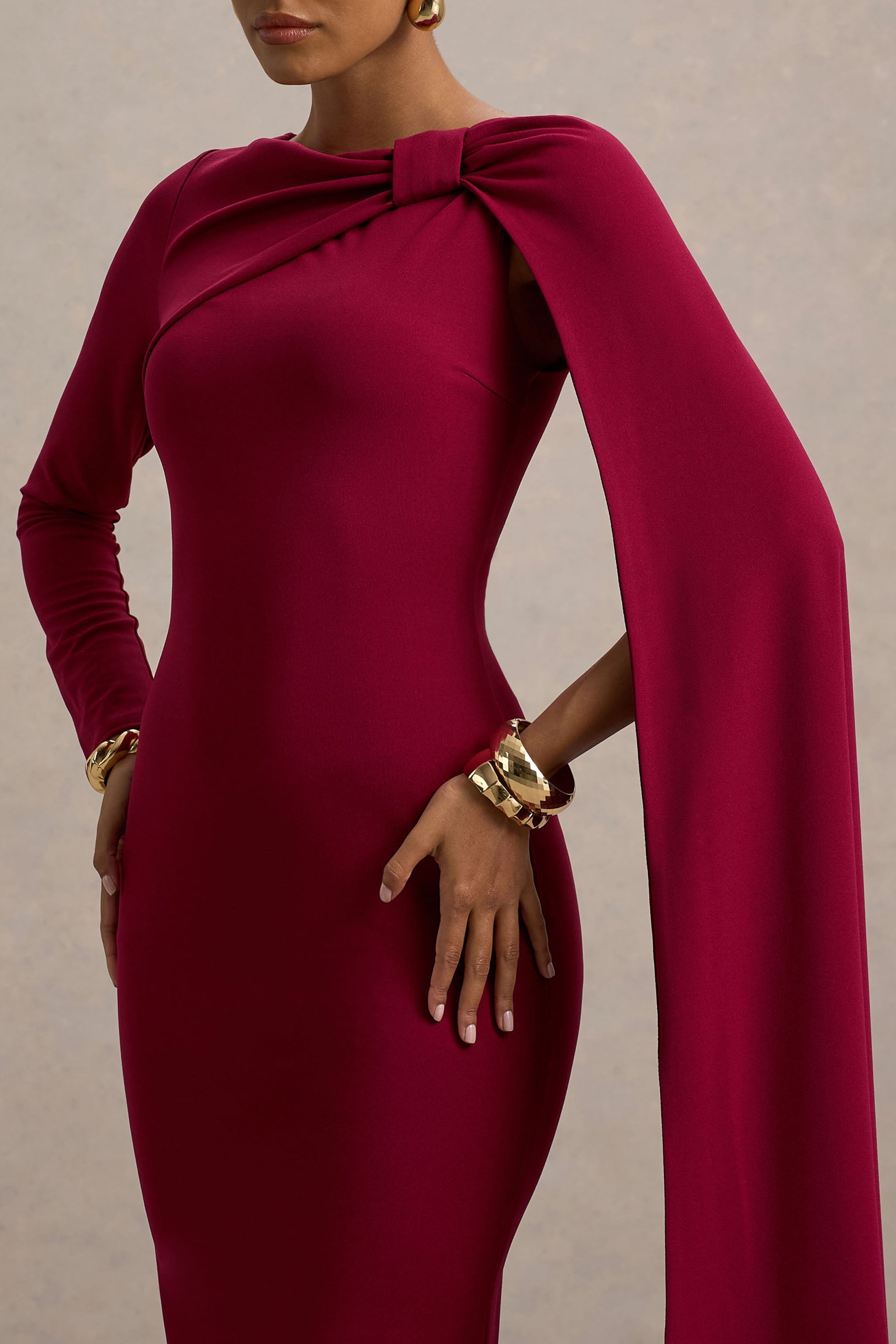 Frances | Burgundy High-Neck Maxi Dress With Cape Detail