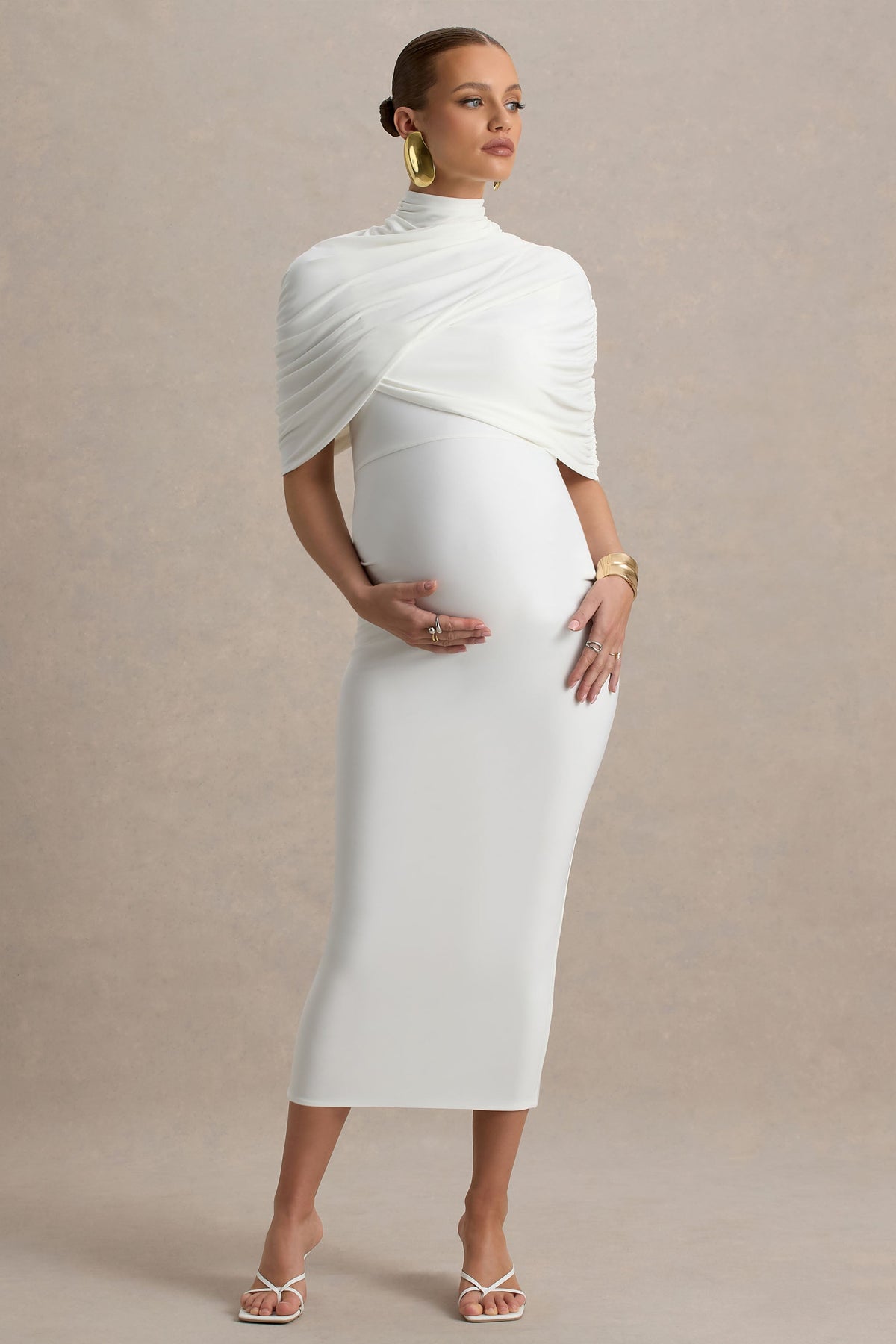 Augustina | White Maternity Midi Dress With Cape