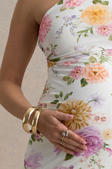 Aliana | Peach And Lilac Floral Print Asymmetric Maternity Maxi Dress With Ruched Detailing