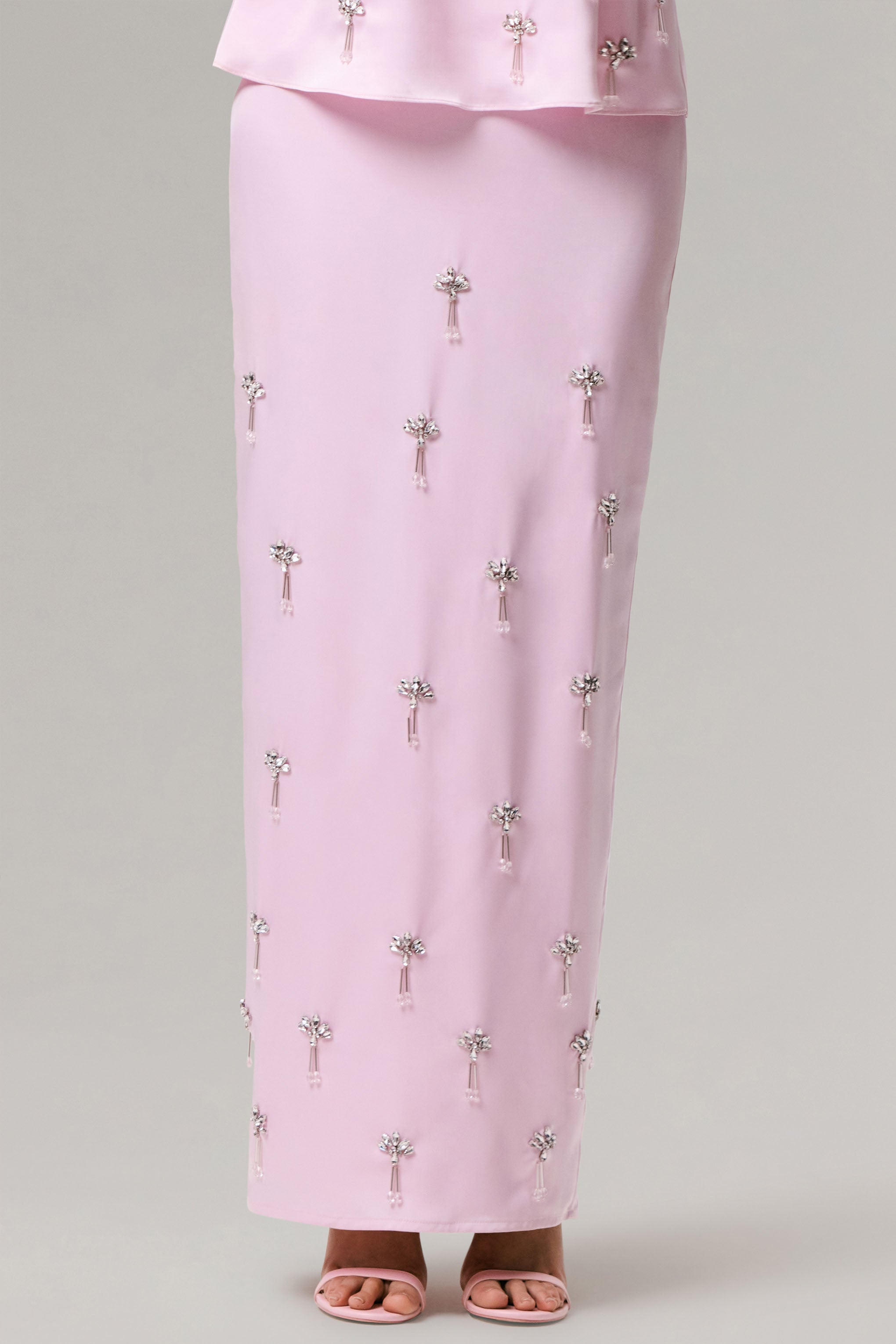 Lena | Pink Satin Embellished Maxi Skirt