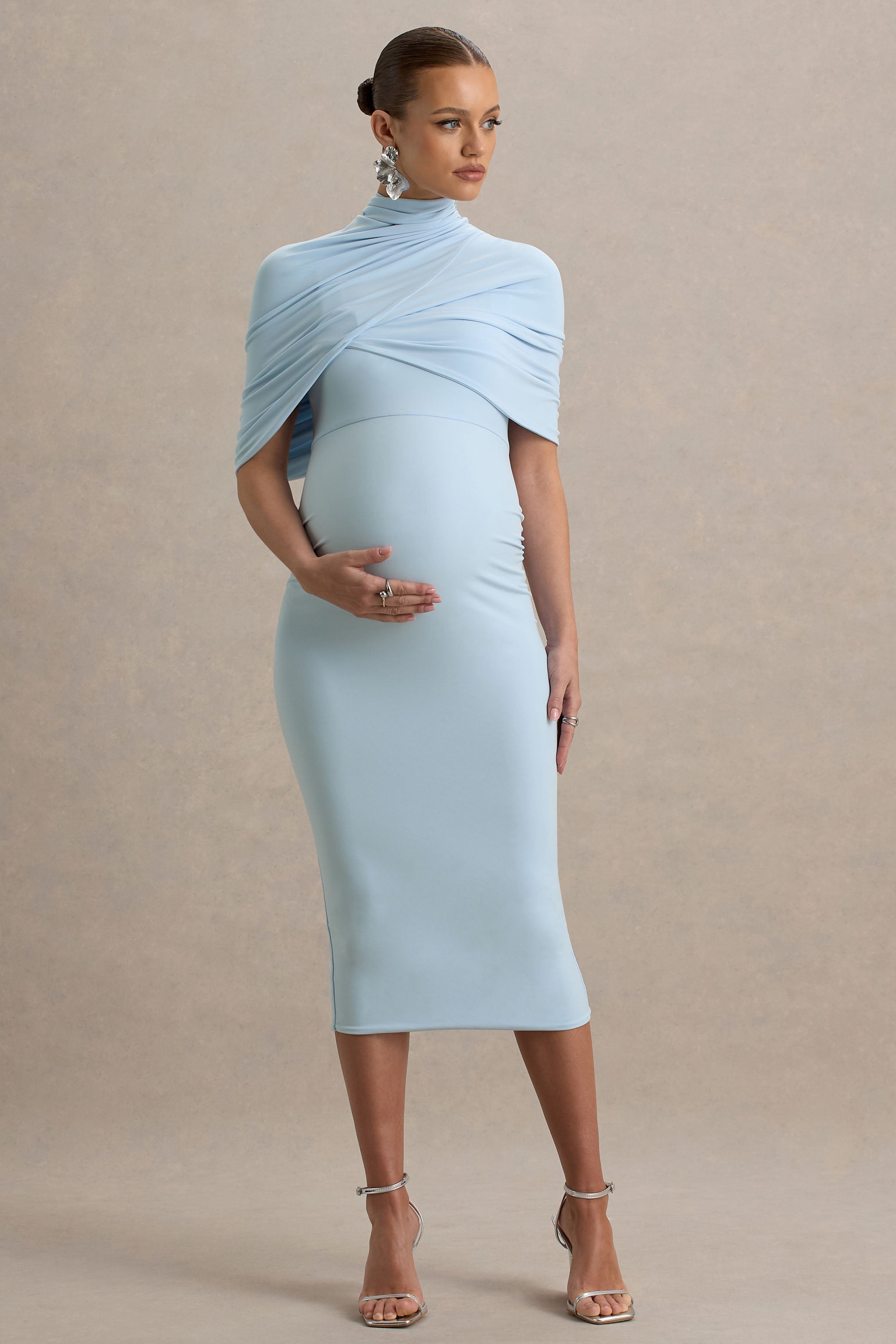 Augustina | Powder Blue Maternity Midi Dress With Cape