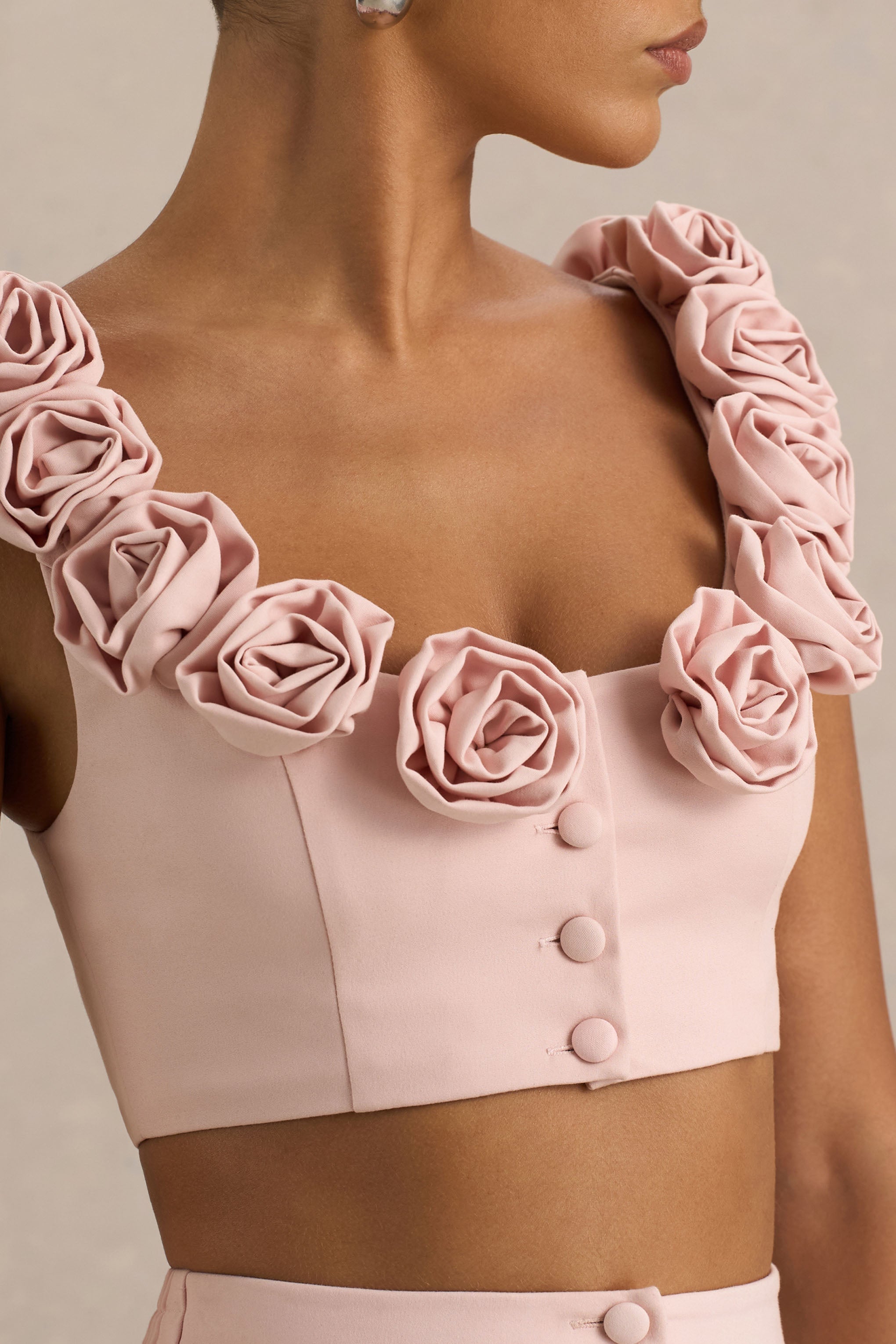 Blade | Baby Pink Scoop-Neck Crop Top With Corsage Details