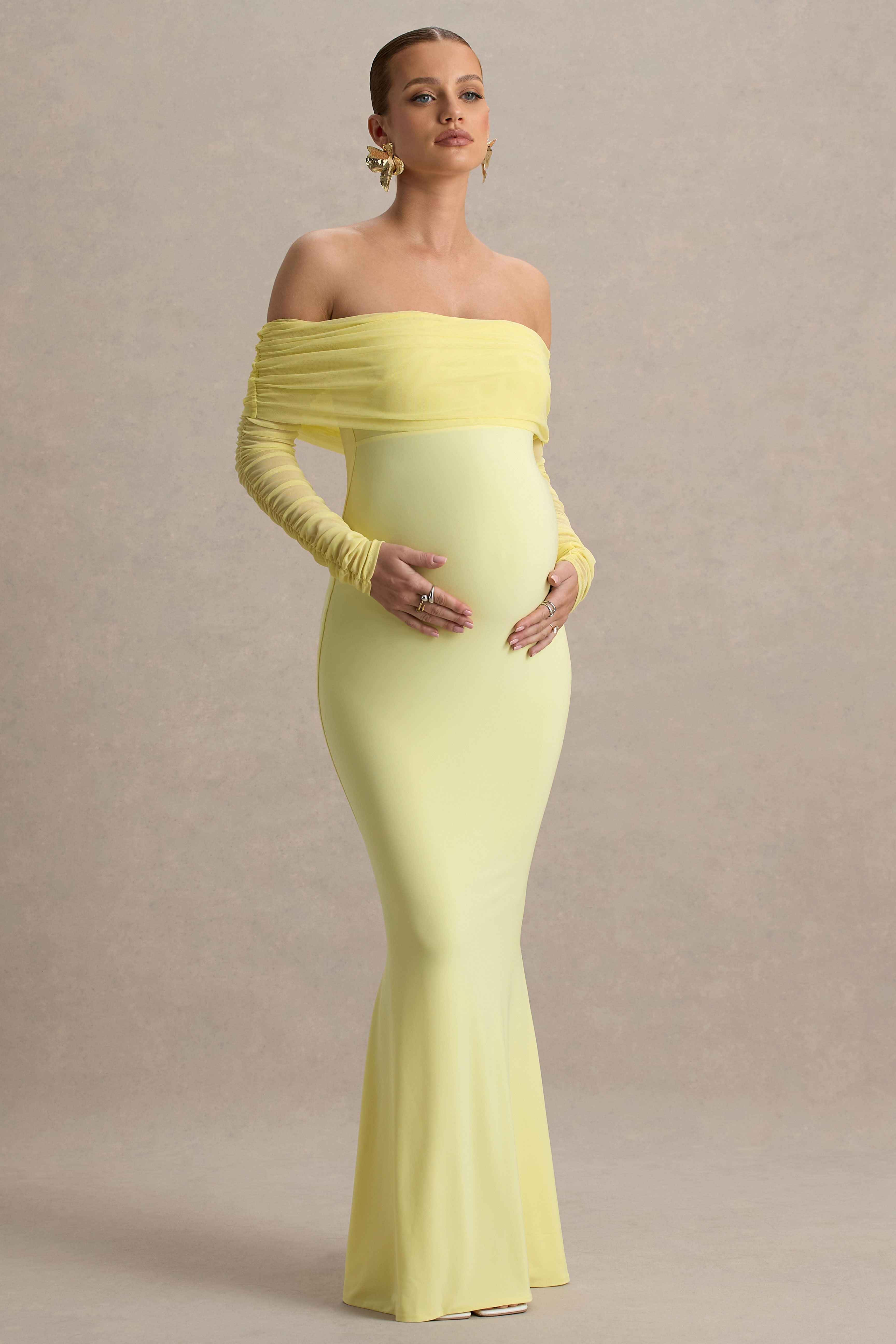 Pretty Perfect | Lemon Maternity Ruched Mesh Bardot Maxi Dres
