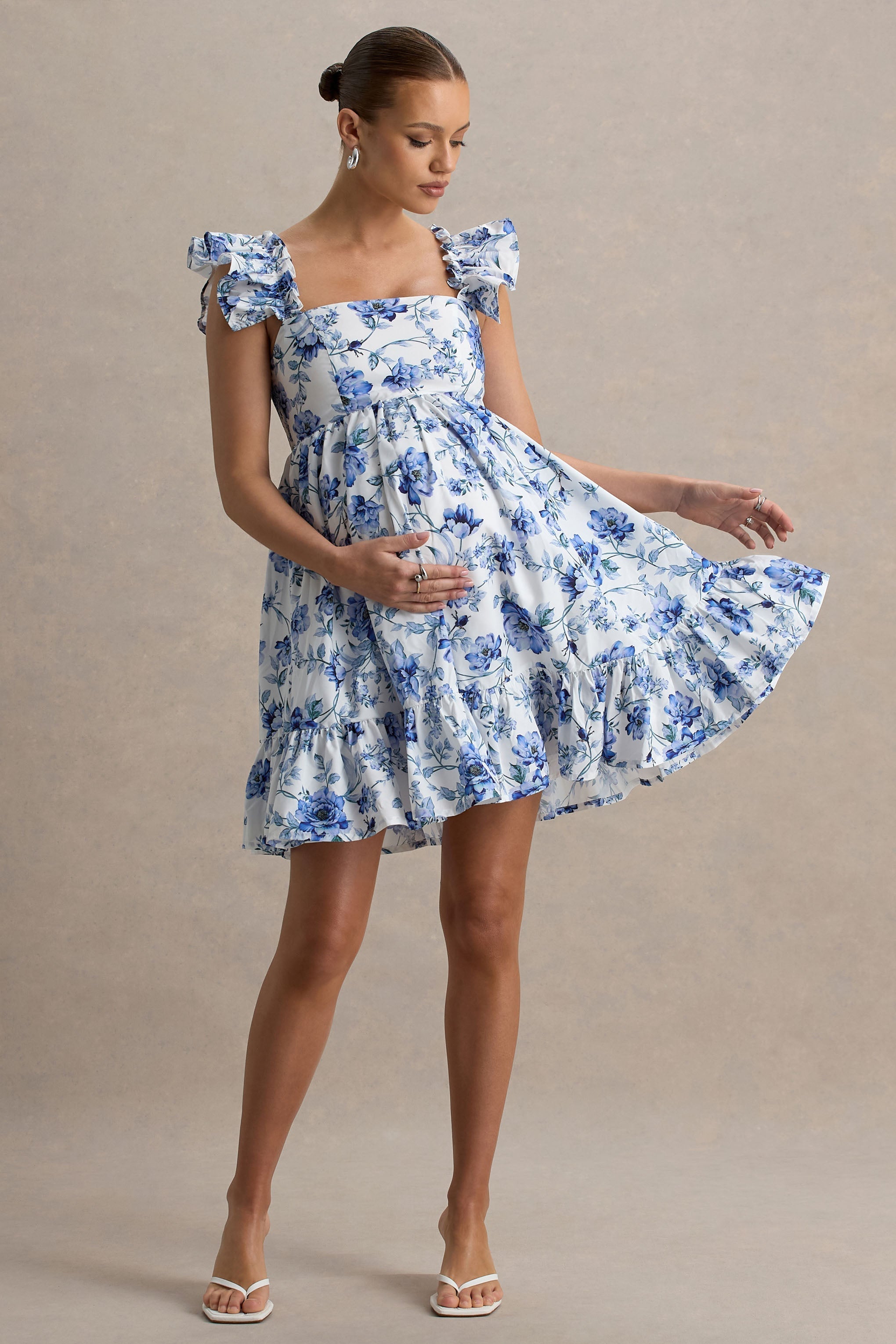 Dolly Daze | Blue Floral Print Ruffle Sleeve Babydoll Maternity Mini Dress