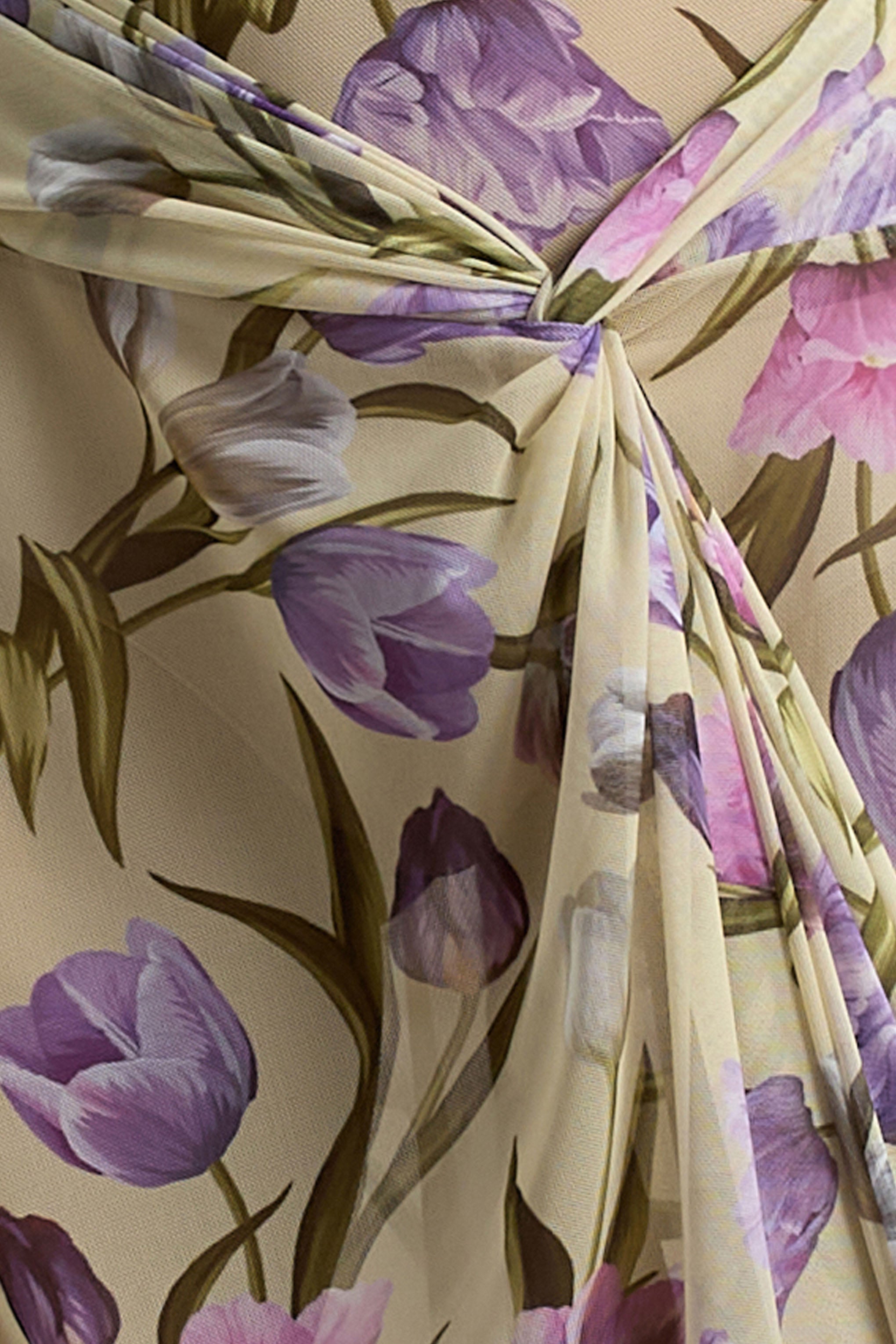 Koami | Yellow Floral Sheer Mesh Long-Sleeve Ruched Maxi Dress With High Split